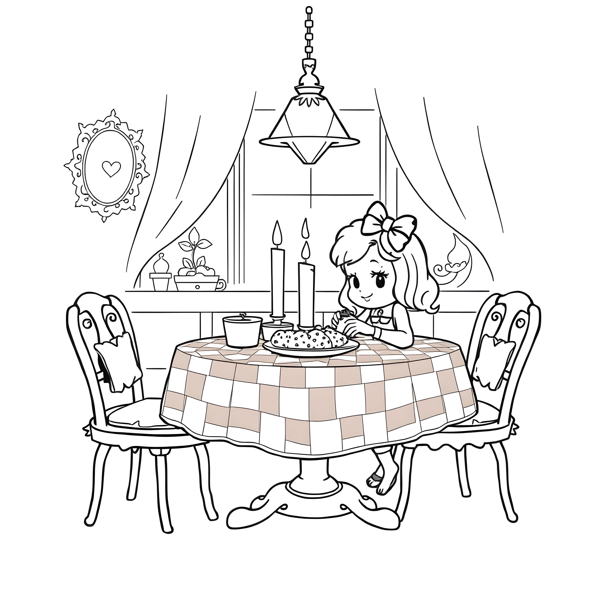 Strawberry Shortcake enjoying a delightful dessert Coloring Page (free black-and-white line drawing printable PDF for all, from beginners to advanced learners, including children, teens, adults, and seniors)