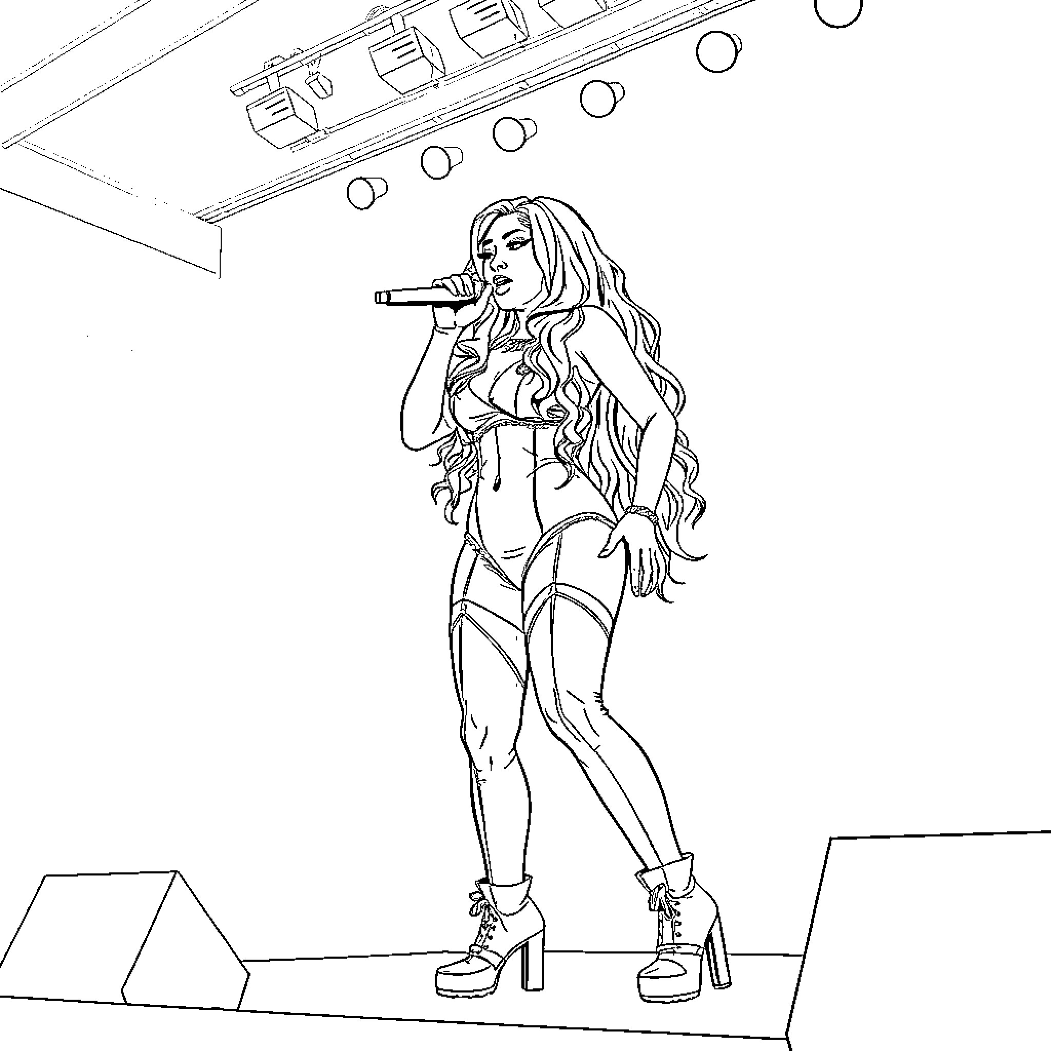 Nicki Minaj performing on stage with long hair and high heels Coloring Page (free black-and-white line drawing printable PDF for all, from beginners to advanced learners, including children, teens, adults, and seniors)