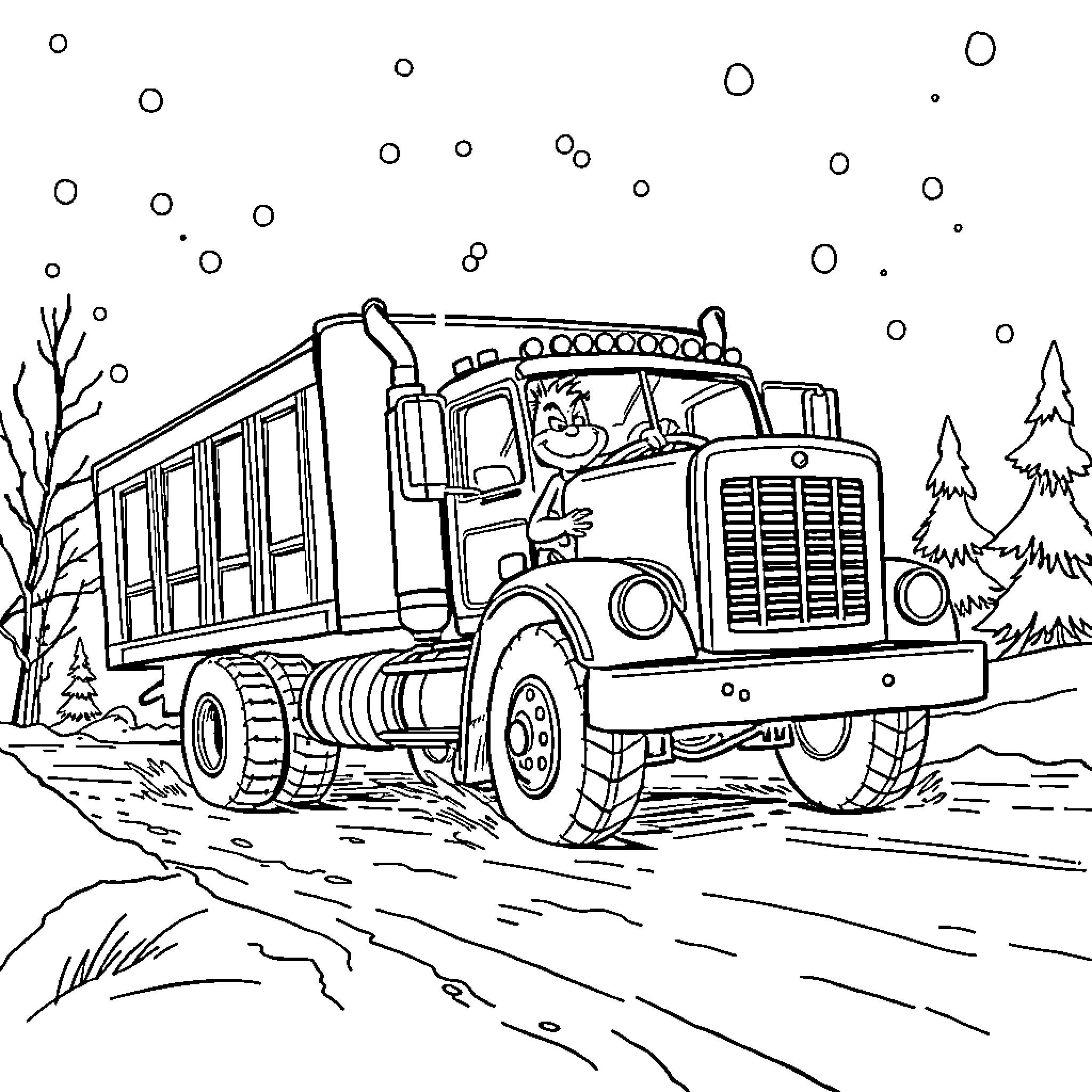 Grinch's Snowy Dump Truck Adventure Coloring Page (free black-and-white line drawing printable PDF for all, from beginners to advanced learners, including children, teens, adults, and seniors)