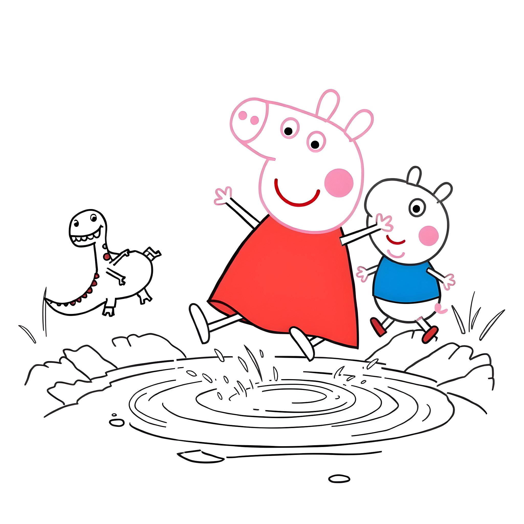 Peppa Pig and friends playing in the puddle Coloring Page (free black-and-white line drawing printable PDF for all, from beginners to advanced learners, including children, teens, adults, and seniors)