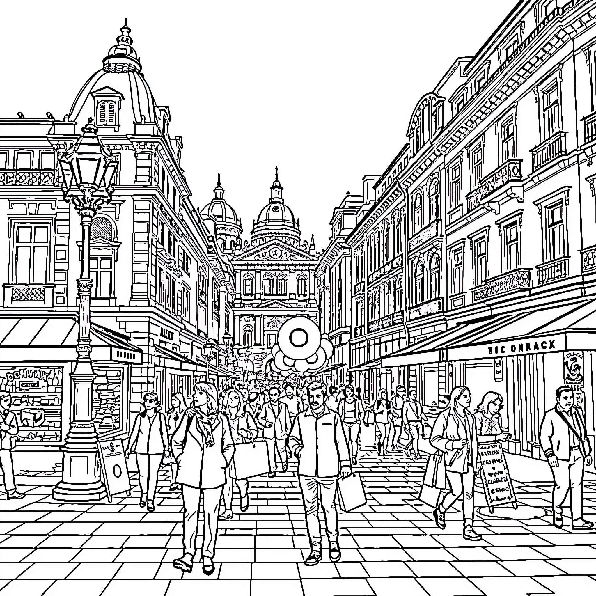 Bosnyák Tér: Bustling Street Scene with Ornate Architecture Coloring Page (free black-and-white line drawing printable PDF for all, from beginners to advanced learners, including children, teens, adults, and seniors)