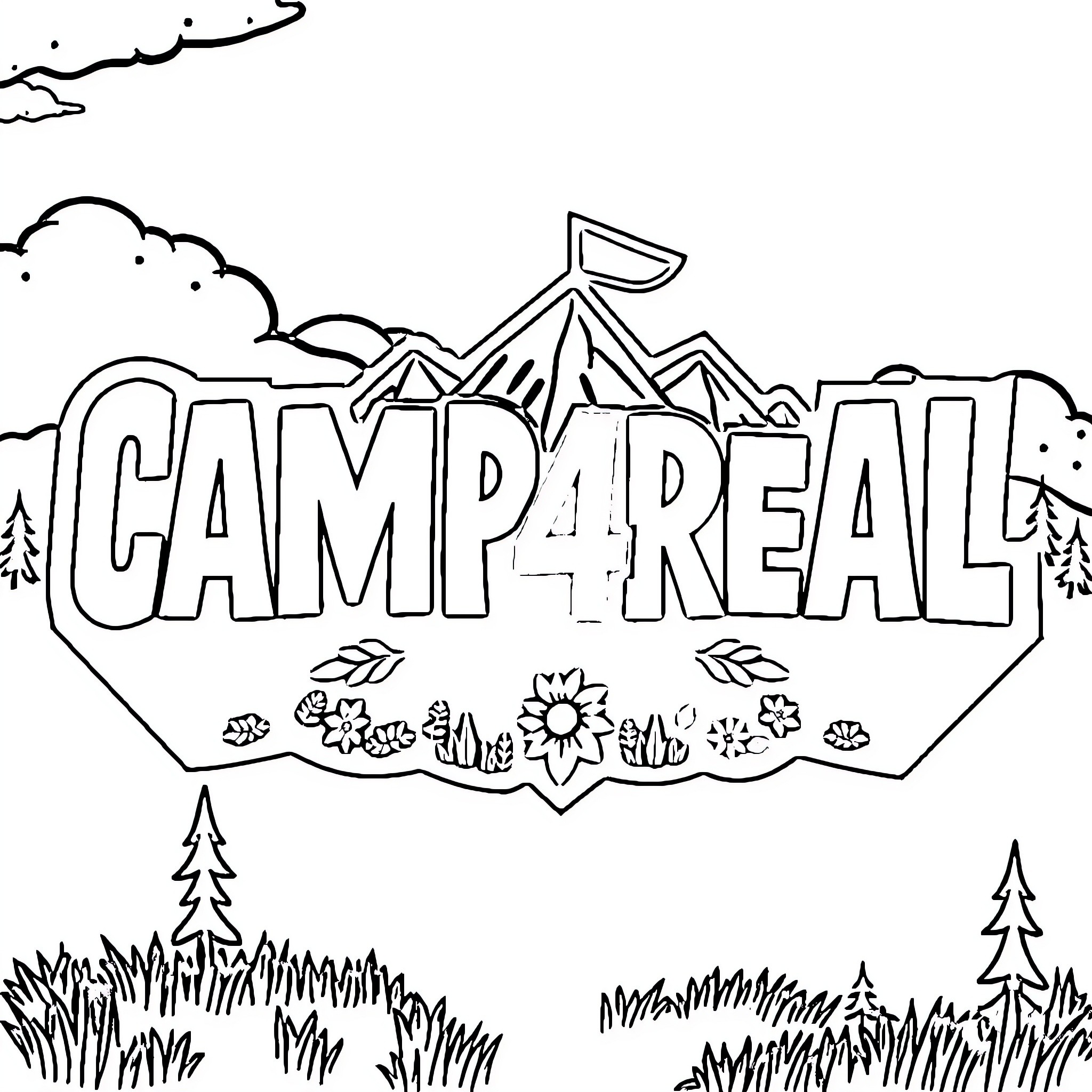 Camp4real: Outdoor Adventure and Nature Exploration Coloring Page (free black-and-white line drawing printable PDF for all, from beginners to advanced learners, including children, teens, adults, and seniors)