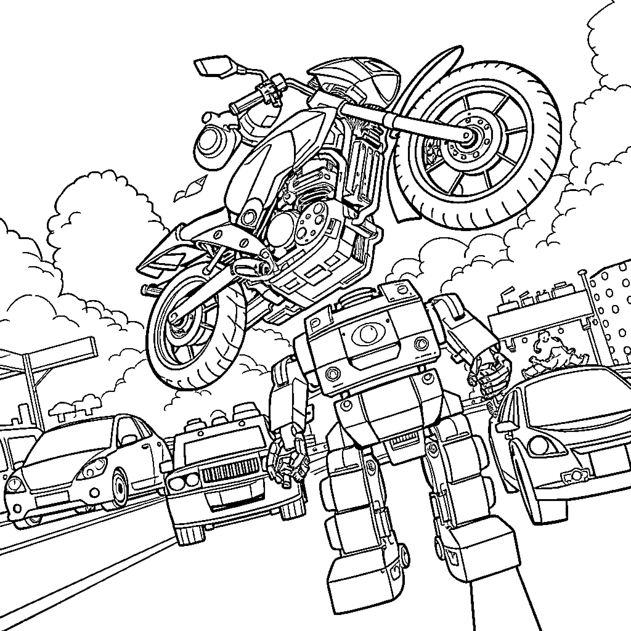 Motorcycle Transformers fight on the city streets Coloring Page (free black-and-white line drawing printable PDF for all, from beginners to advanced learners, including children, teens, adults, and seniors)