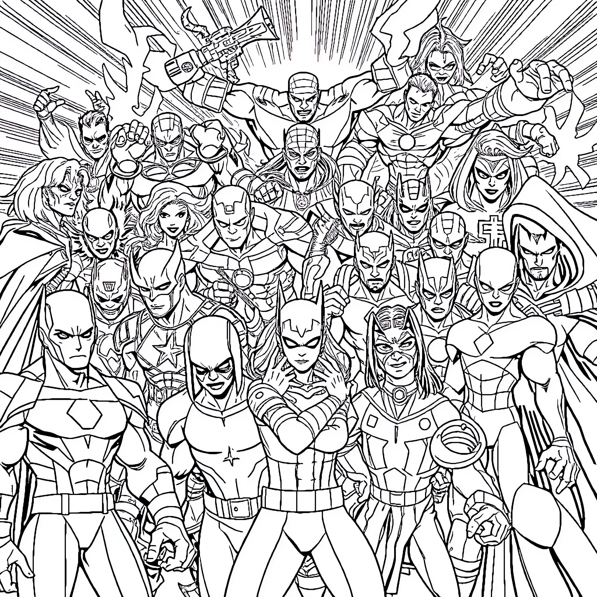 Marvel Character Group Fighting Action Scene Coloring Page (free black-and-white line drawing printable PDF for all, from beginners to advanced learners, including children, teens, adults, and seniors)