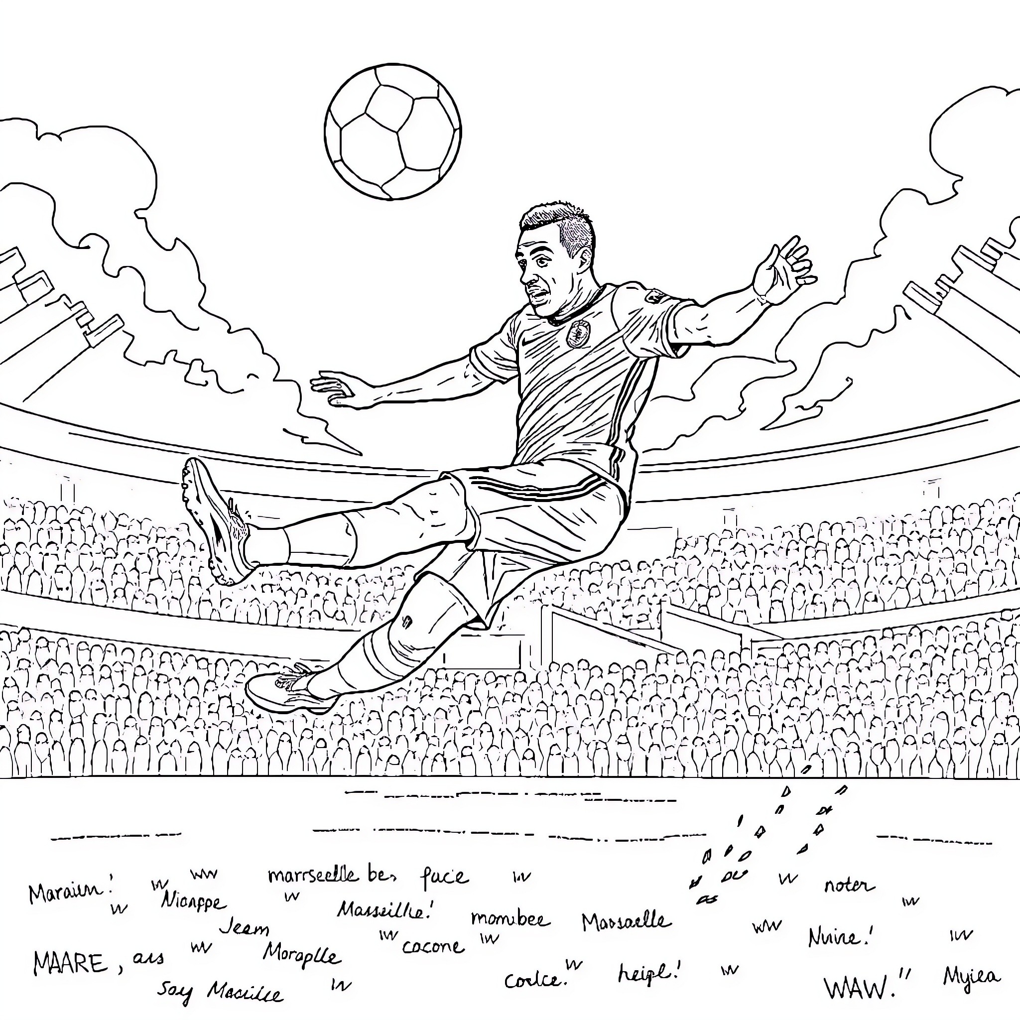 Mbappe in action during intense soccer match Coloring Page (free black-and-white line drawing printable PDF for all, from beginners to advanced learners, including children, teens, adults, and seniors)