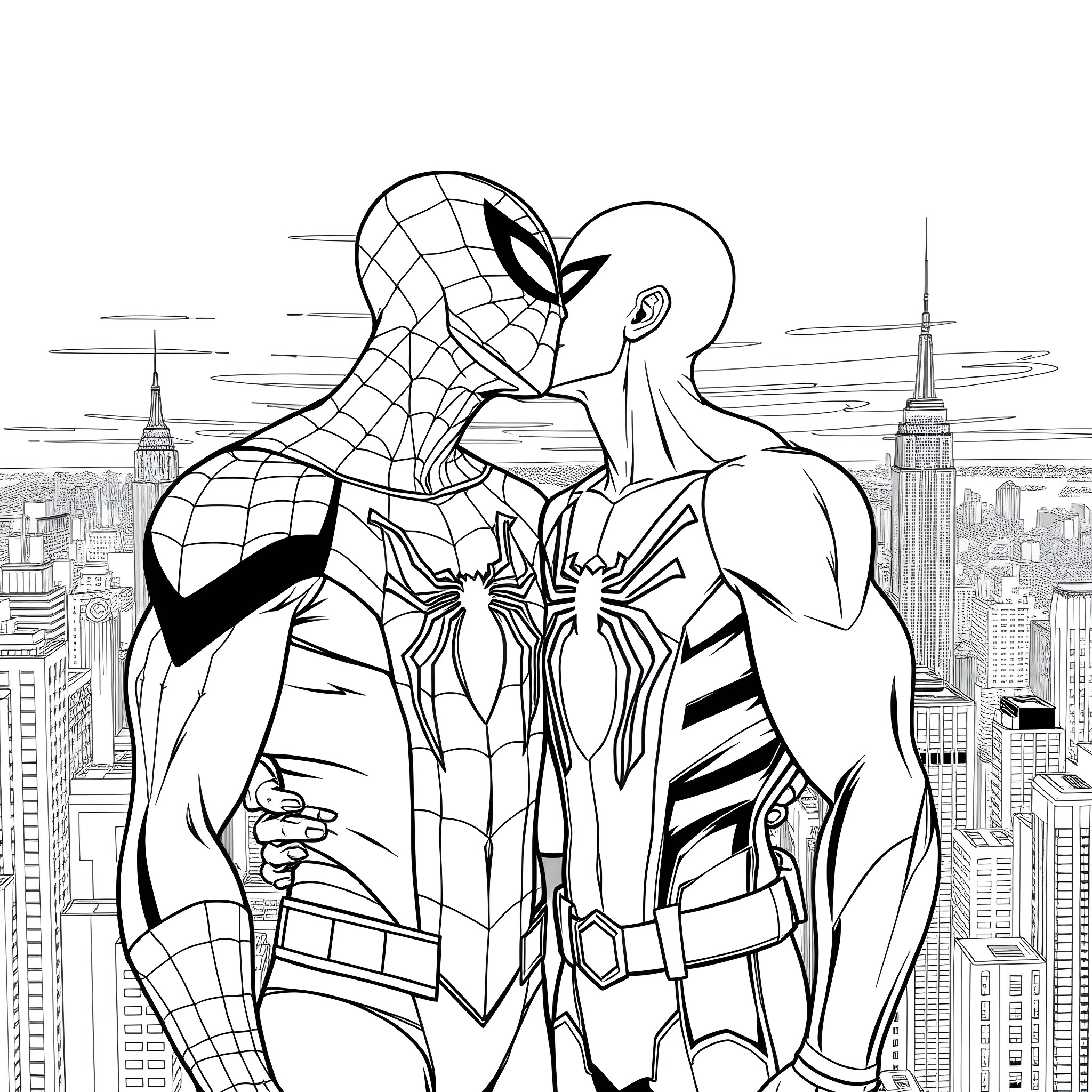 Spiderman and Spiderman: Heroic duo overlooking the city Coloring Page (free black-and-white line drawing printable PDF for all, from beginners to advanced learners, including children, teens, adults, and seniors)