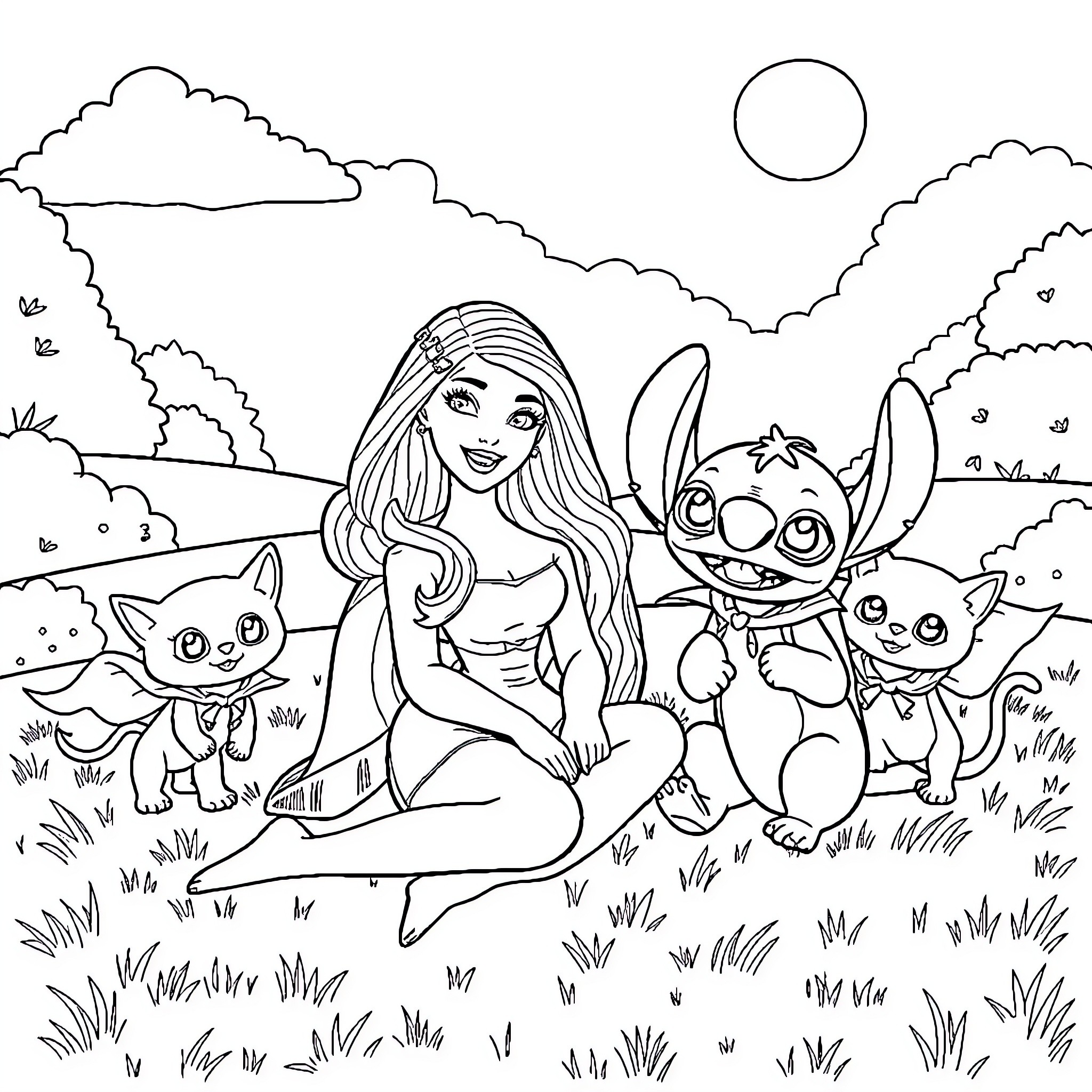 Barbie enjoying nature with cute animal friends Coloring Page (free black-and-white line drawing printable PDF for all, from beginners to advanced learners, including children, teens, adults, and seniors)