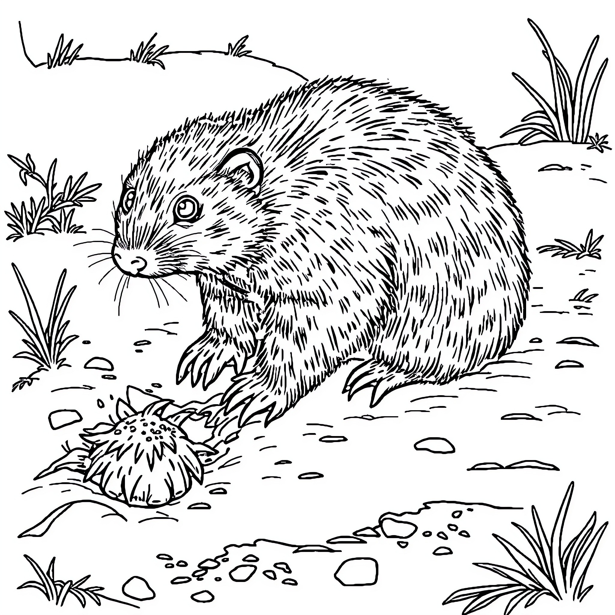 Mole exploring the burrow with curiosity Coloring Page (free black-and-white line drawing printable PDF for all, from beginners to advanced learners, including children, teens, adults, and seniors)