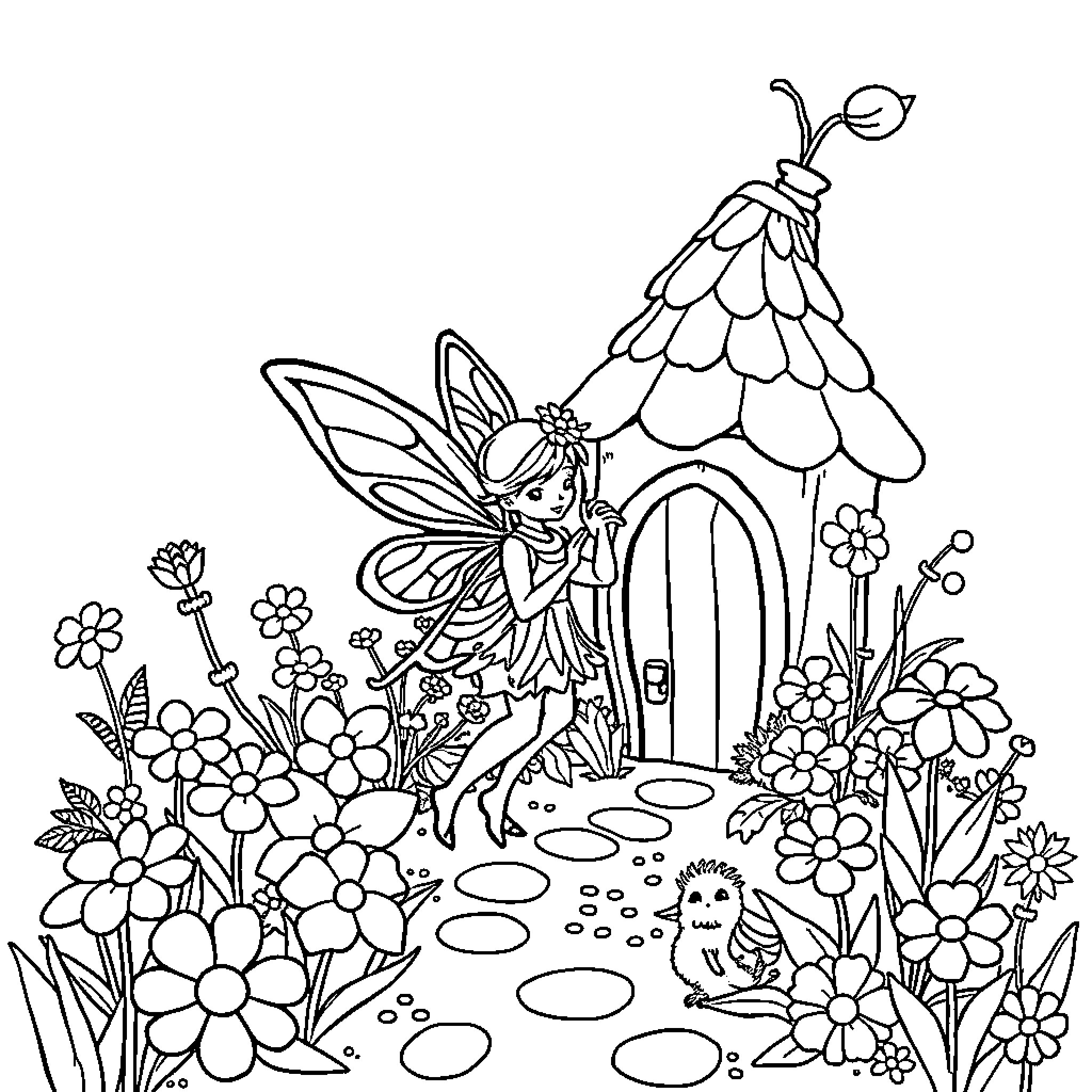 Fairy playing in a magical garden Coloring Page (free black-and-white line drawing printable PDF for all, from beginners to advanced learners, including children, teens, adults, and seniors)