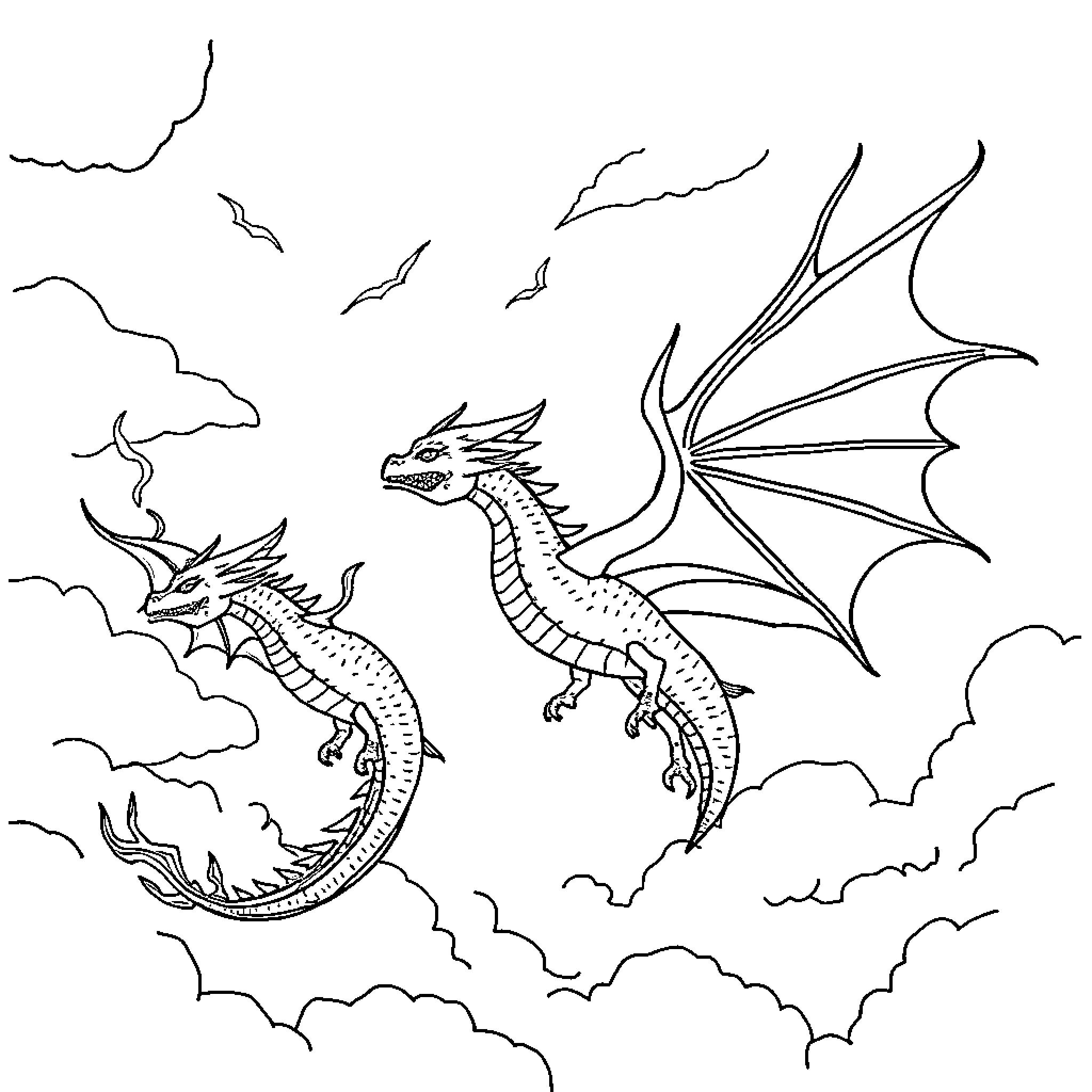 Dragon duo soaring through the cloudy skies Coloring Page (free black-and-white line drawing printable PDF for all, from beginners to advanced learners, including children, teens, adults, and seniors)