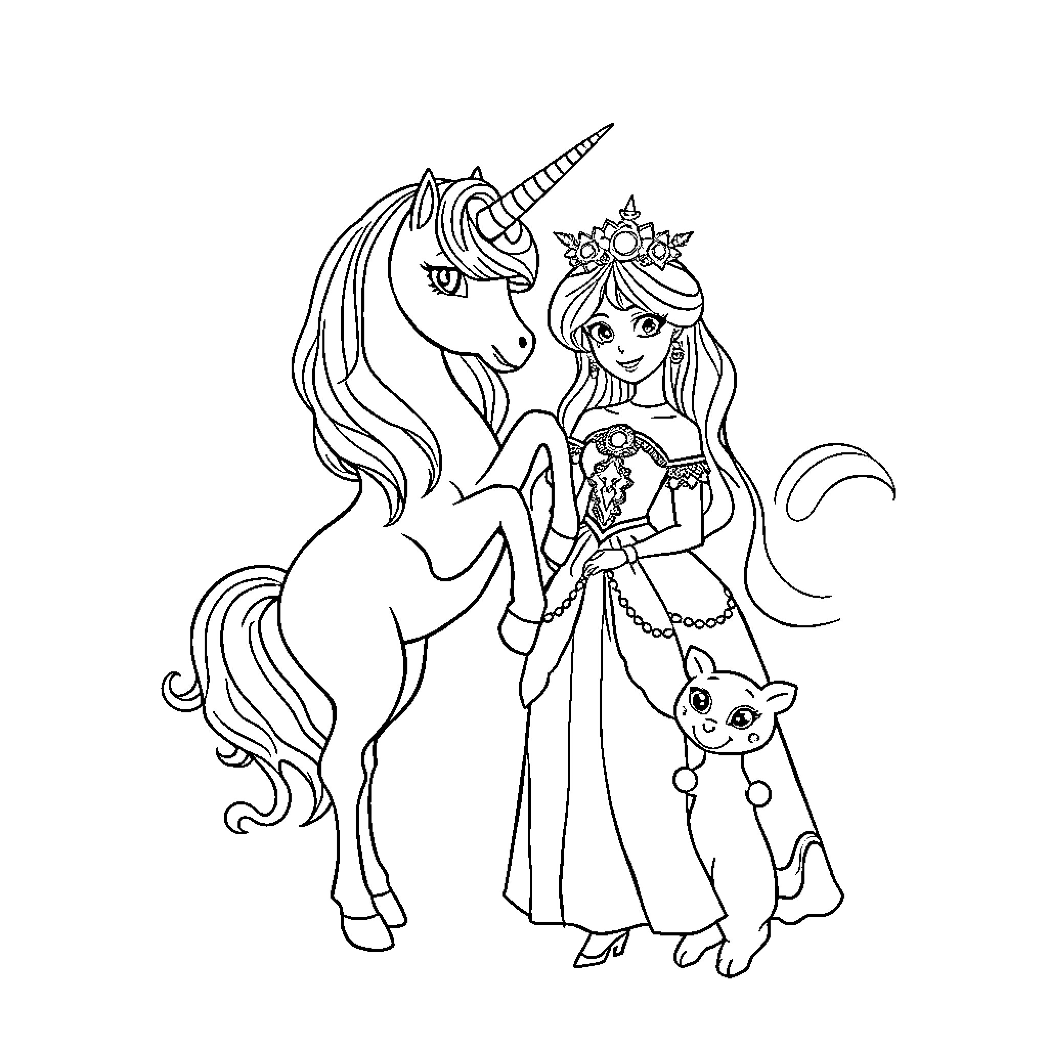 Unicorn and Princess in Magical Adventure Coloring Page (free black-and-white line drawing printable PDF for all, from beginners to advanced learners, including children, teens, adults, and seniors)