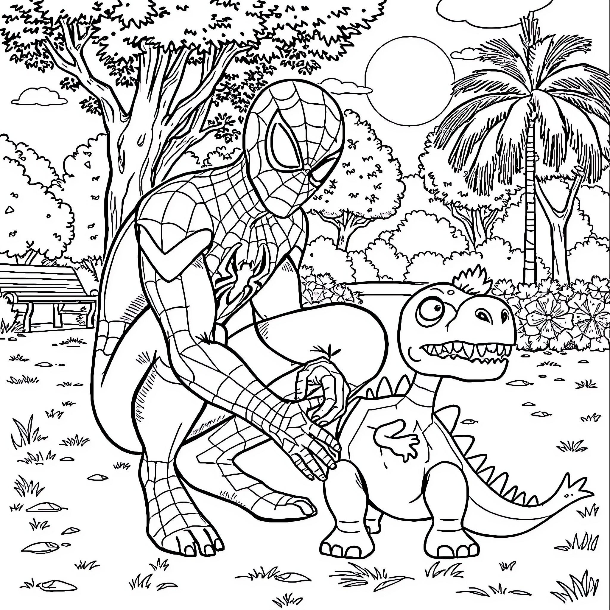 Spiderman meets friendly dinosaur in jungle setting Coloring Page (free black-and-white line drawing printable PDF for all, from beginners to advanced learners, including children, teens, adults, and seniors)