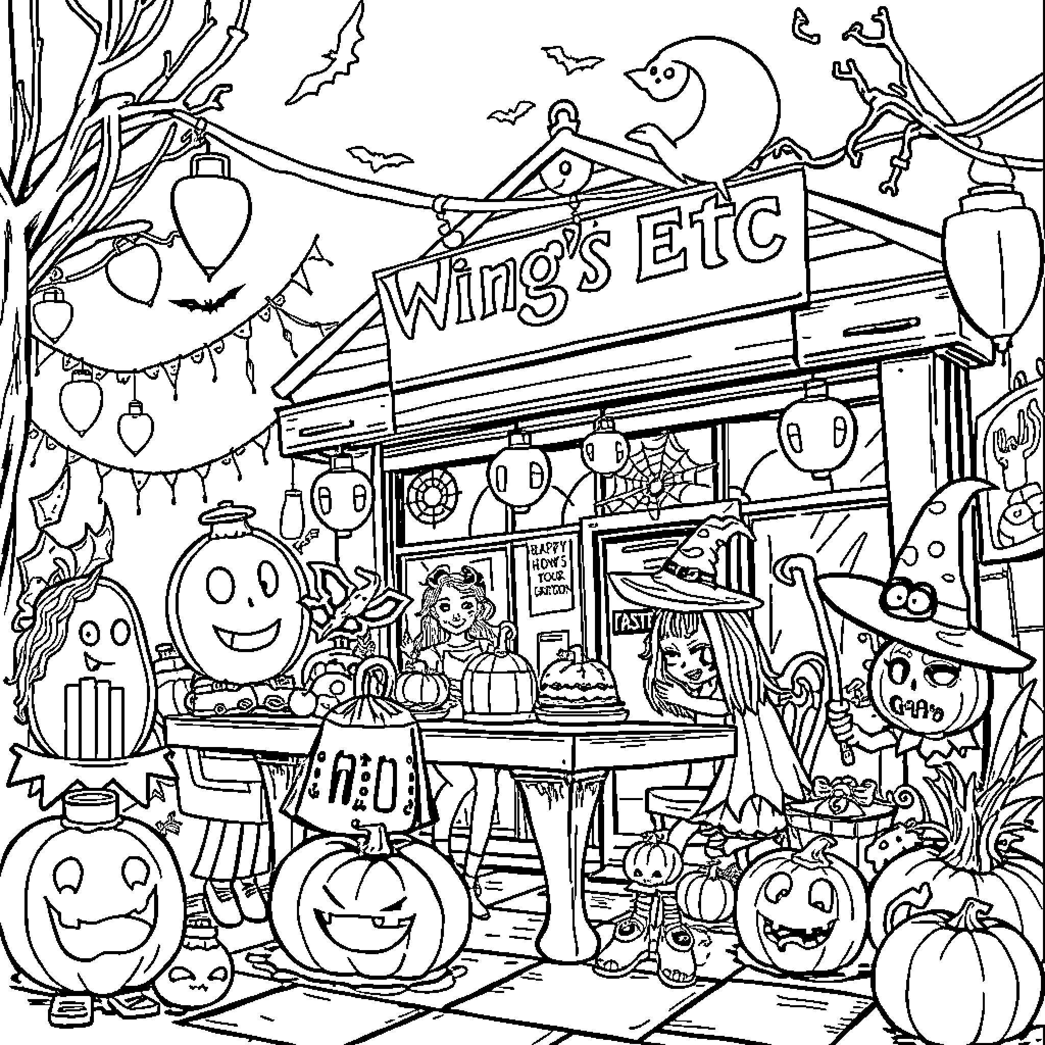 Halloween Festivities at the Local Wings ETC Store Coloring Page (free black-and-white line drawing printable PDF for all, from beginners to advanced learners, including children, teens, adults, and seniors)
