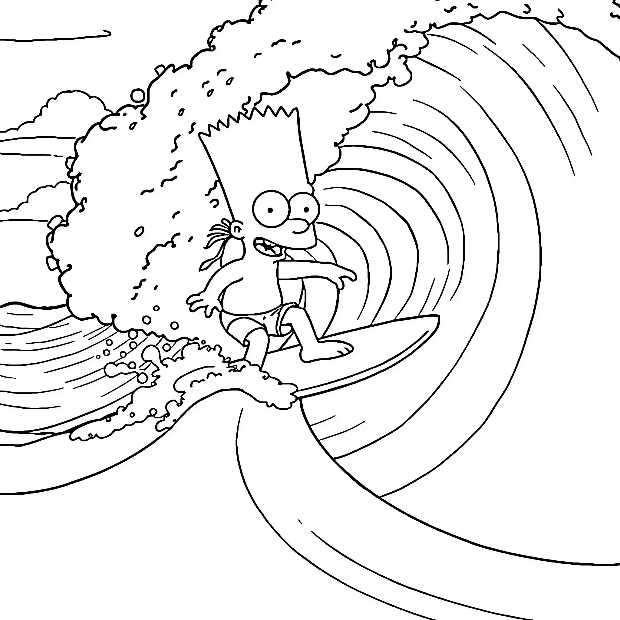 Bart Simpson surfing epic wave Coloring Page (free black-and-white line drawing printable PDF for all, from beginners to advanced learners, including children, teens, adults, and seniors)