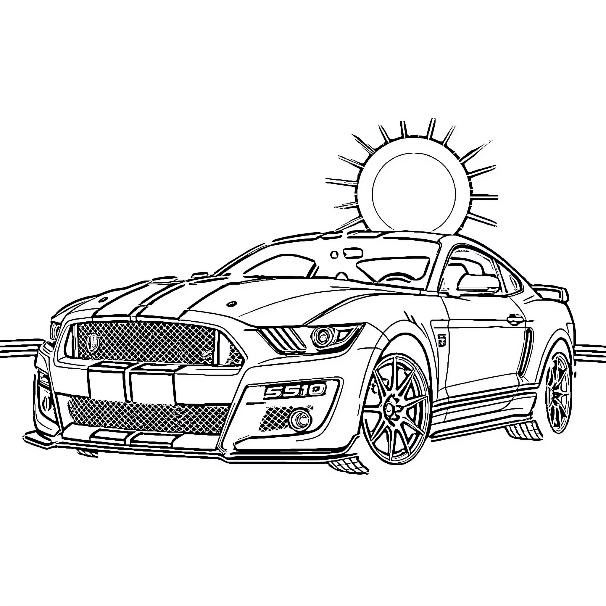 Mustang sports car on scenic road with sun Coloring Page (free black-and-white line drawing printable PDF for all, from beginners to advanced learners, including children, teens, adults, and seniors)