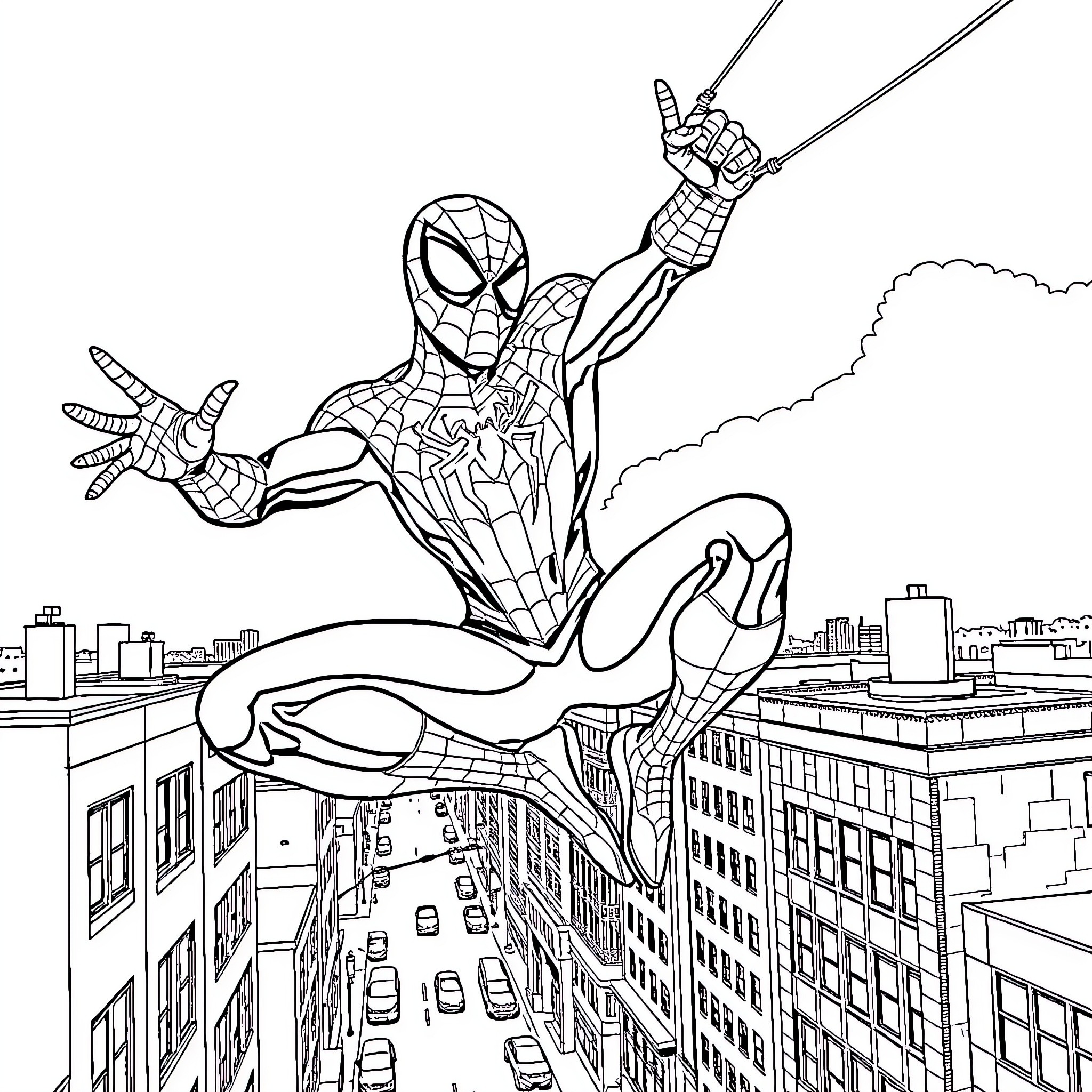 Spiderman swinging through the city skyline Coloring Page (free black-and-white line drawing printable PDF for all, from beginners to advanced learners, including children, teens, adults, and seniors)