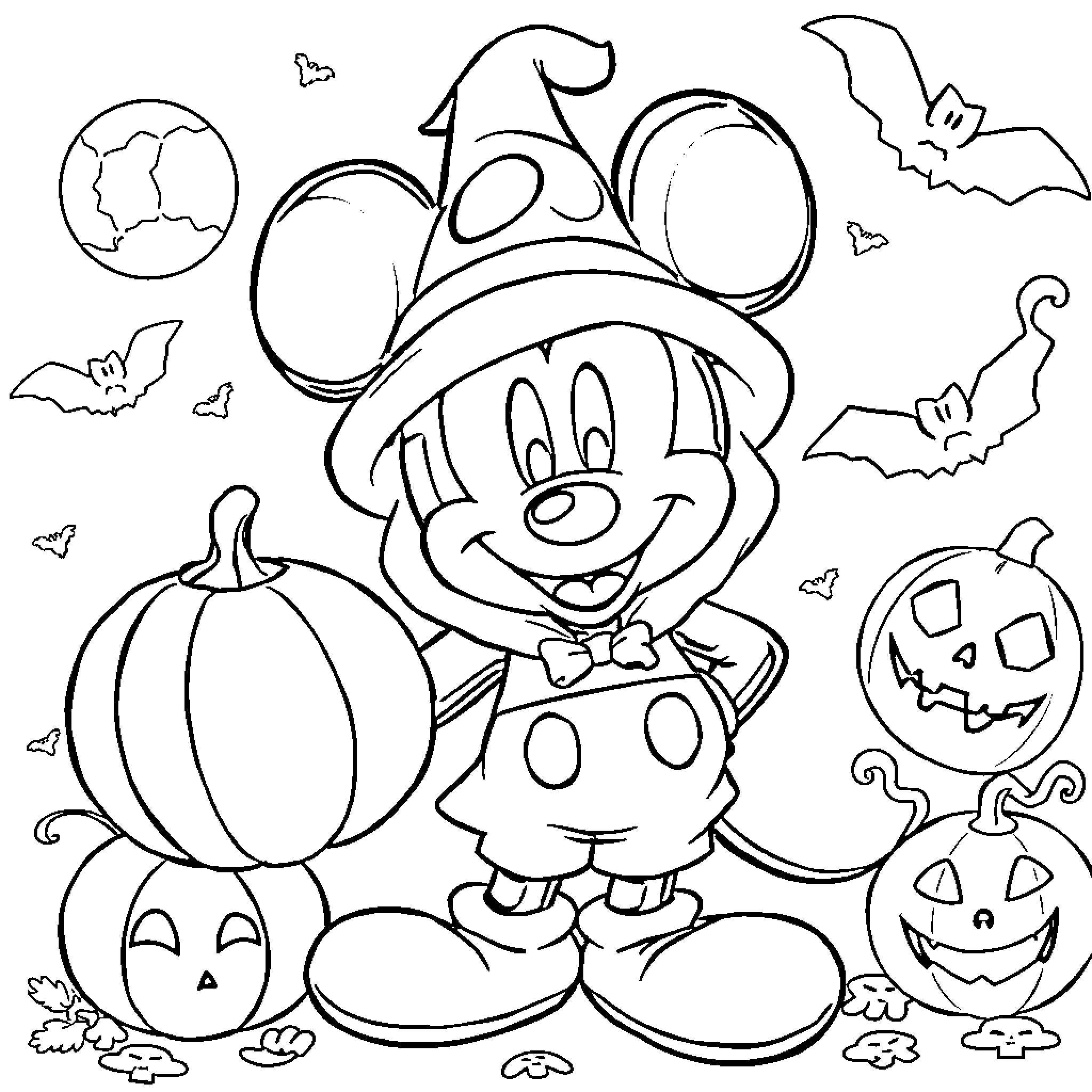 Mickey Mouse Enjoying Halloween Fun with Pumpkins Coloring Page (free black-and-white line drawing printable PDF for all, from beginners to advanced learners, including children, teens, adults, and seniors)