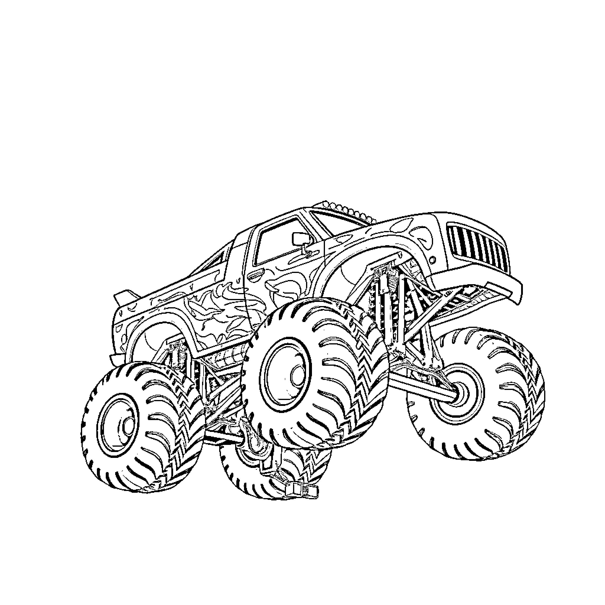 Monster Truck Crushing Through Obstacles Coloring Page (free black-and-white line drawing printable PDF for all, from beginners to advanced learners, including children, teens, adults, and seniors)