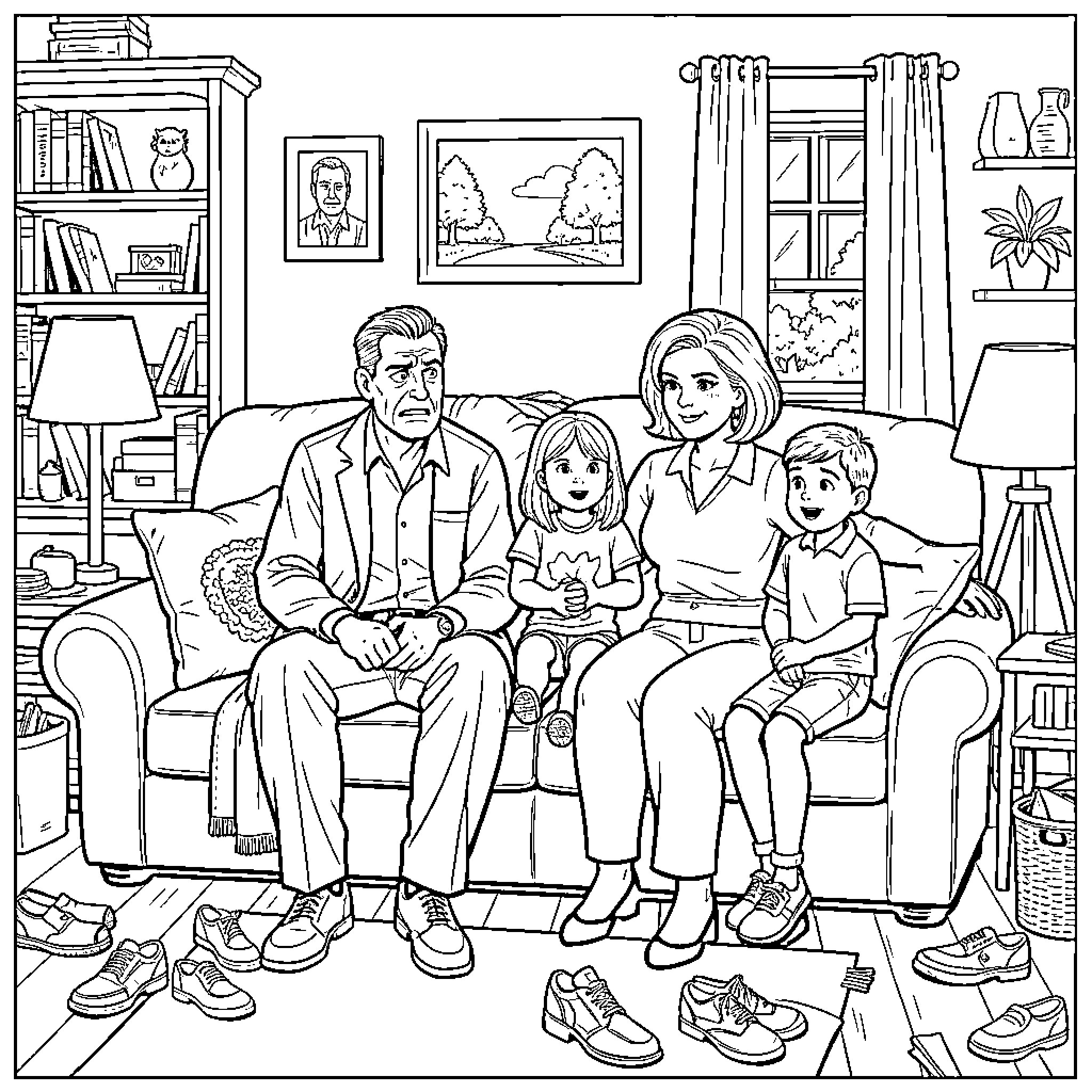 Al Bundy's Cozy Family Moment Coloring Page (free black-and-white line drawing printable PDF for all, from beginners to advanced learners, including children, teens, adults, and seniors)