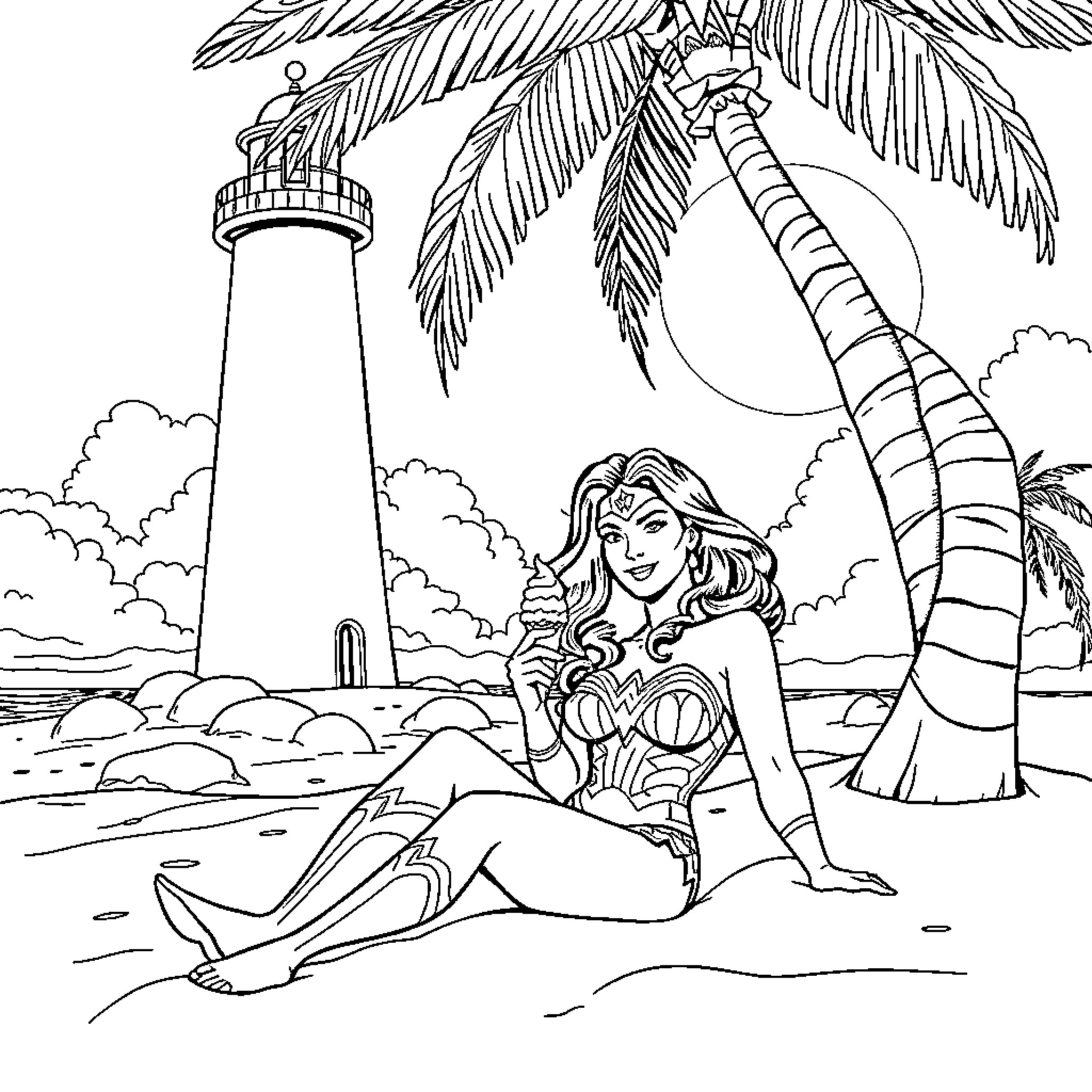Wonder Woman relaxing on the beach Coloring Page (free black-and-white line drawing printable PDF for all, from beginners to advanced learners, including children, teens, adults, and seniors)