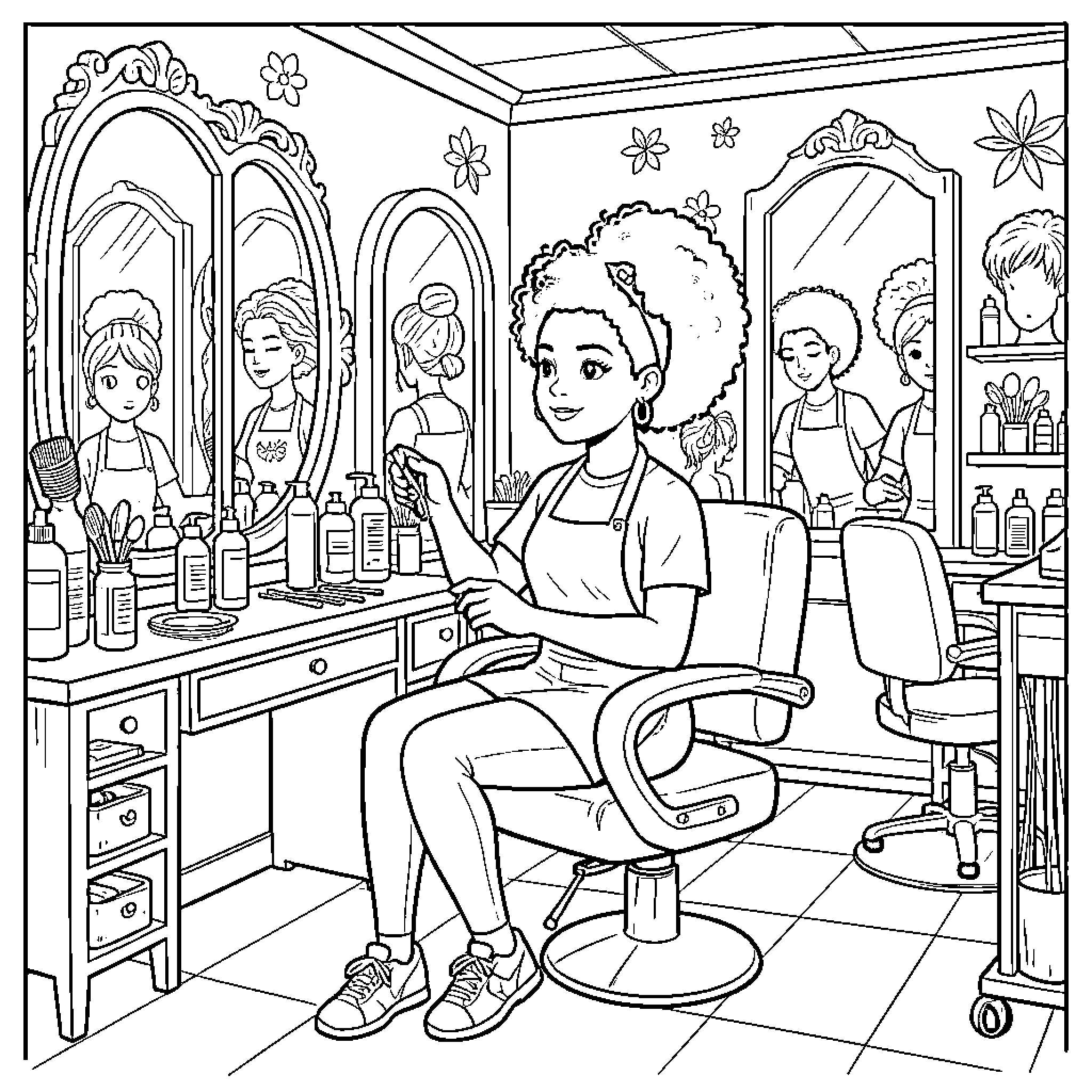Hairstylist Assisting Customers in Colorful Salon Coloring Page (free black-and-white line drawing printable PDF for all, from beginners to advanced learners, including children, teens, adults, and seniors)