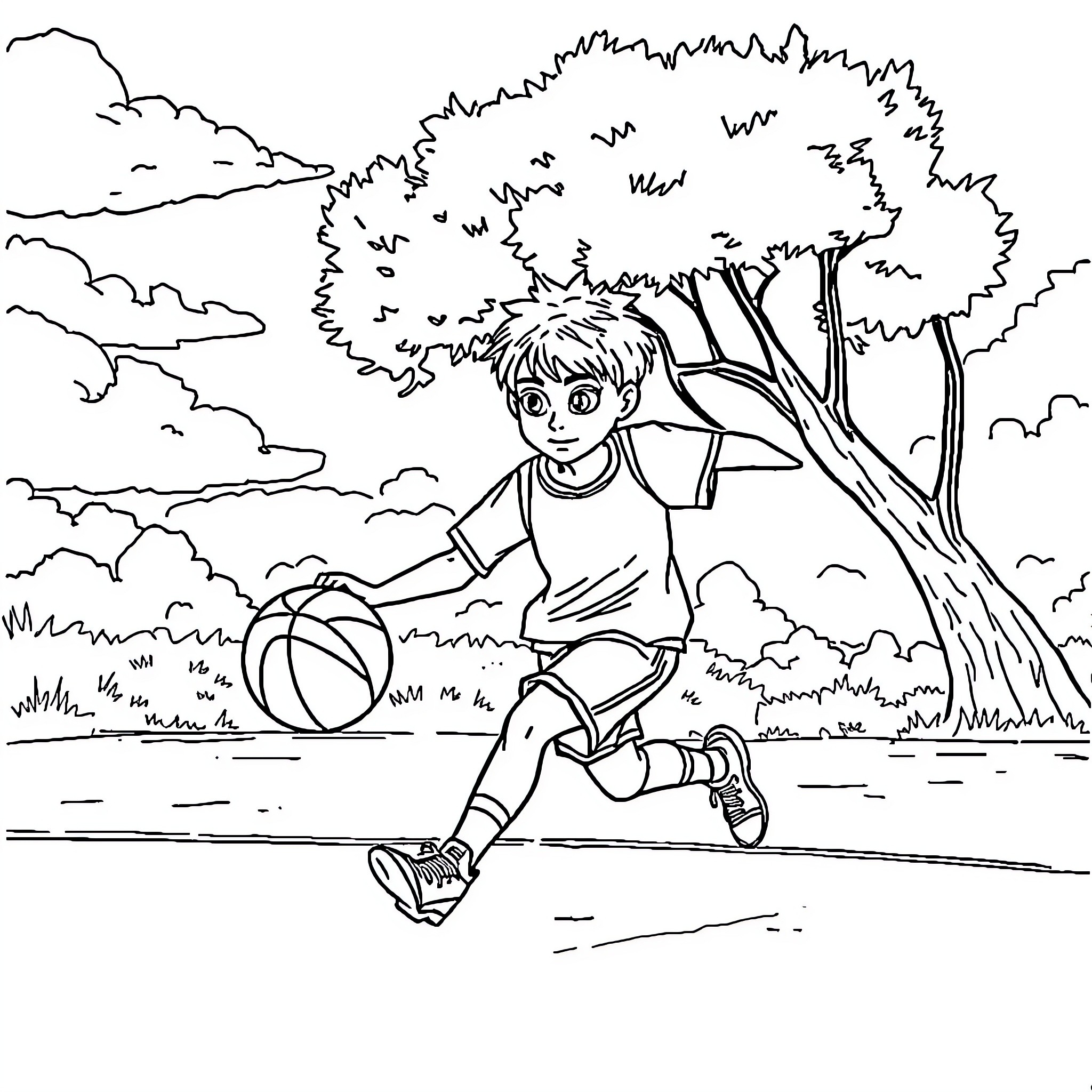 Hermione Granger playing with a basketball outdoors Coloring Page (free black-and-white line drawing printable PDF for all, from beginners to advanced learners, including children, teens, adults, and seniors)