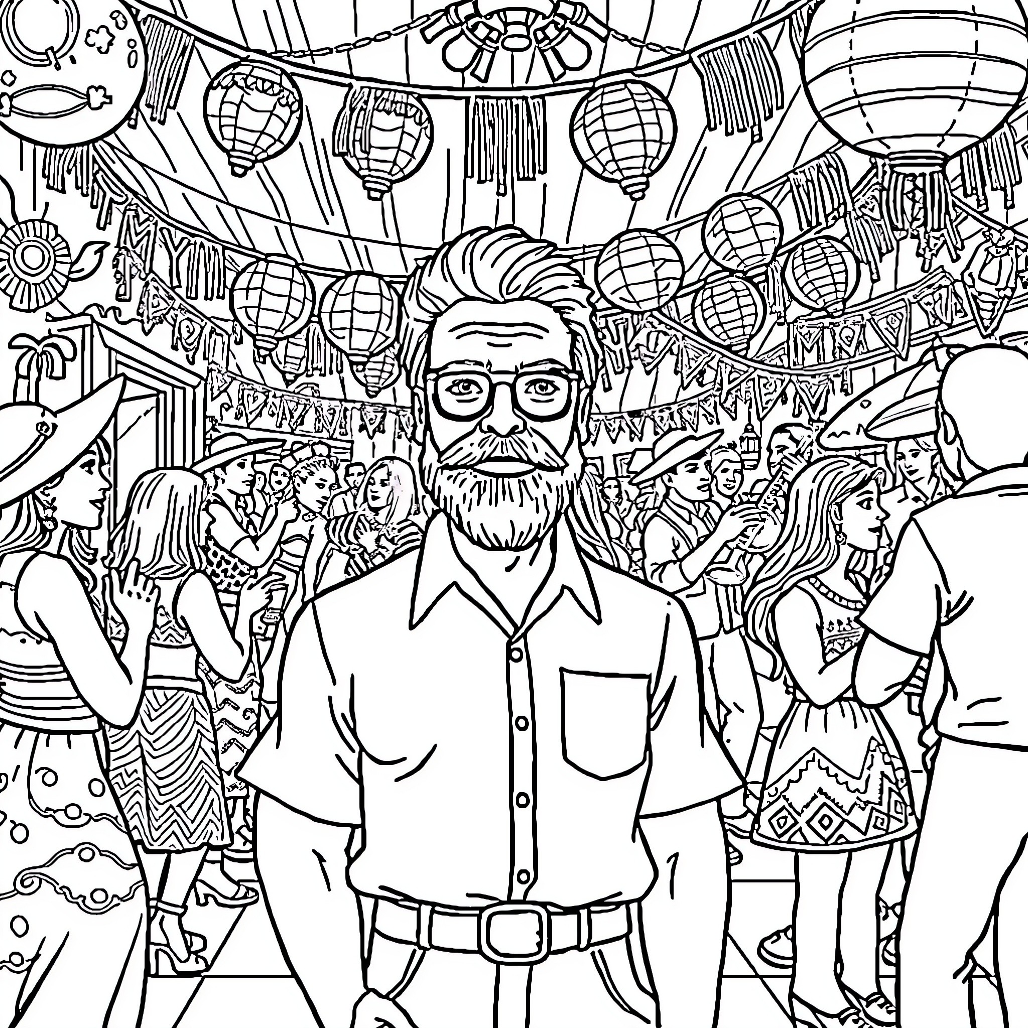 Walter White celebrating at a lively festival Coloring Page (free black-and-white line drawing printable PDF for all, from beginners to advanced learners, including children, teens, adults, and seniors)