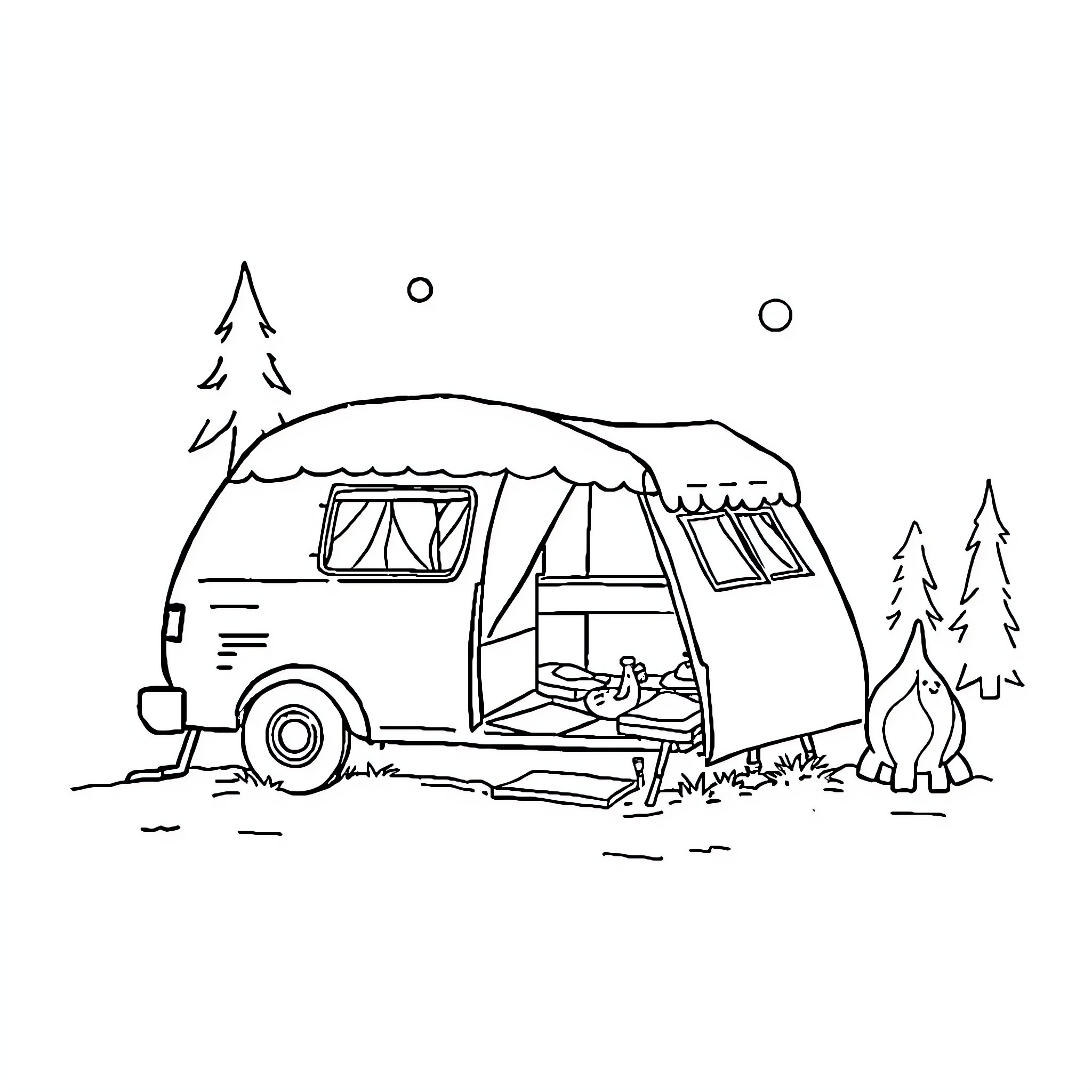 Papa's Cozy Camping Adventure in the Woods Coloring Page (free black-and-white line drawing printable PDF for all, from beginners to advanced learners, including children, teens, adults, and seniors)