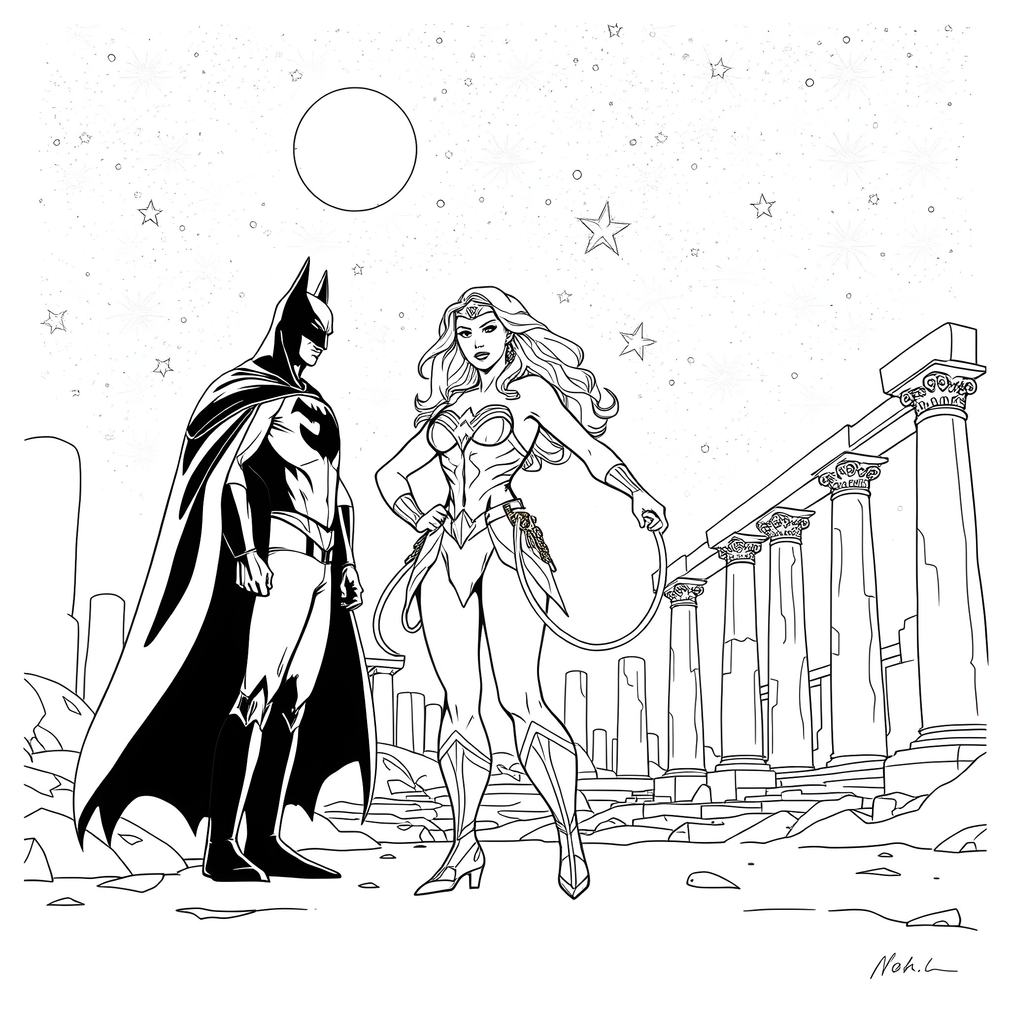 Wonder Woman and Batman stand heroically against a starry backdrop Coloring Page (free black-and-white line drawing printable PDF for all, from beginners to advanced learners, including children, teens, adults, and seniors)