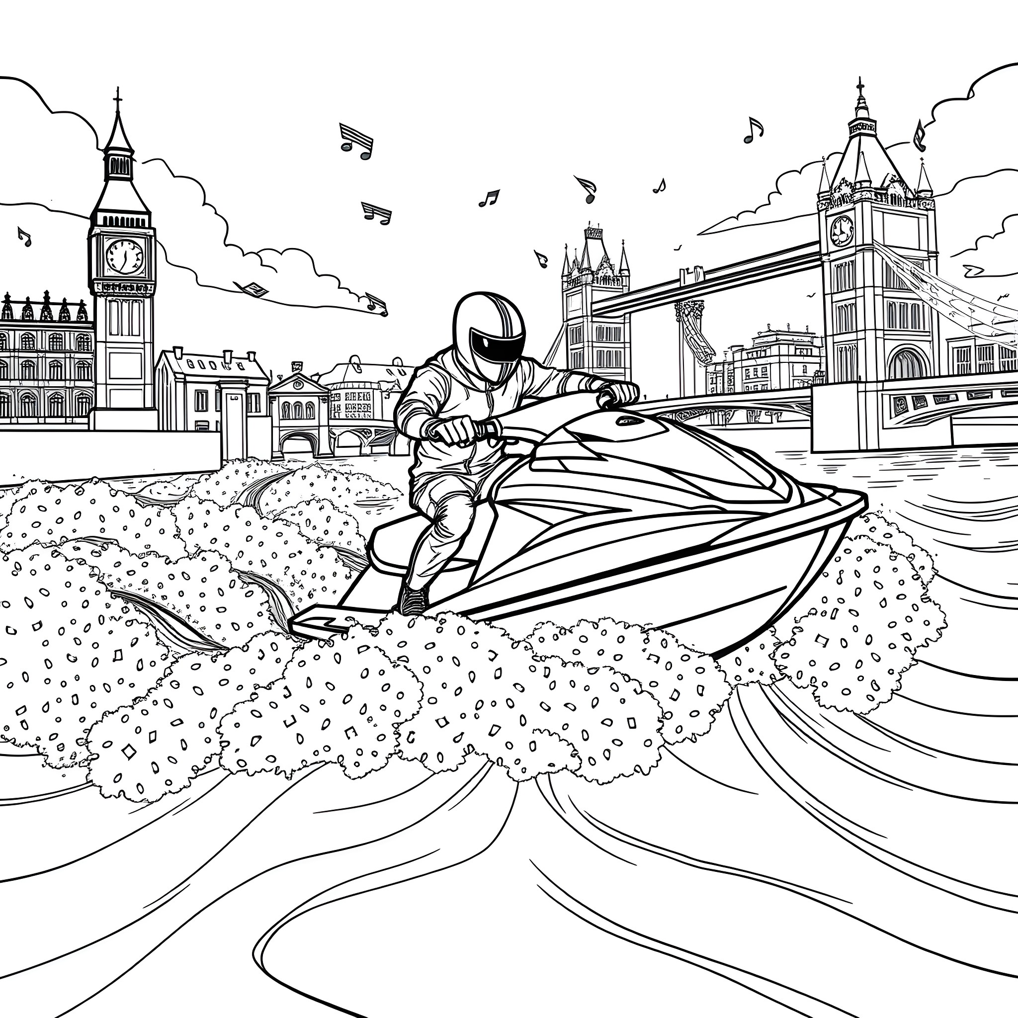 Ninja on a futuristic jet ski in London Coloring Page (free black-and-white line drawing printable PDF for all, from beginners to advanced learners, including children, teens, adults, and seniors)