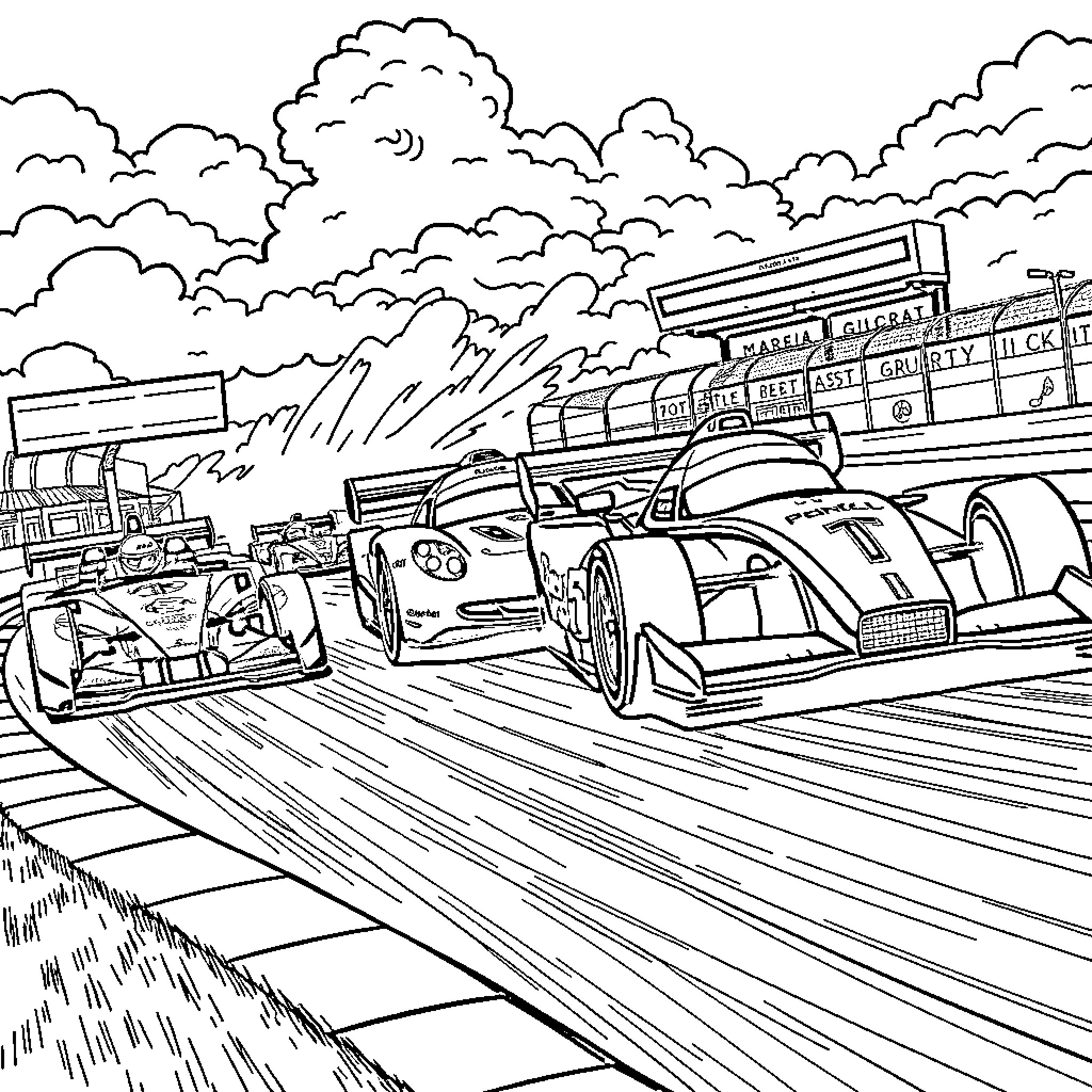 Race Car Racing on Racetrack with Clouds Coloring Page (free black-and-white line drawing printable PDF for all, from beginners to advanced learners, including children, teens, adults, and seniors)
