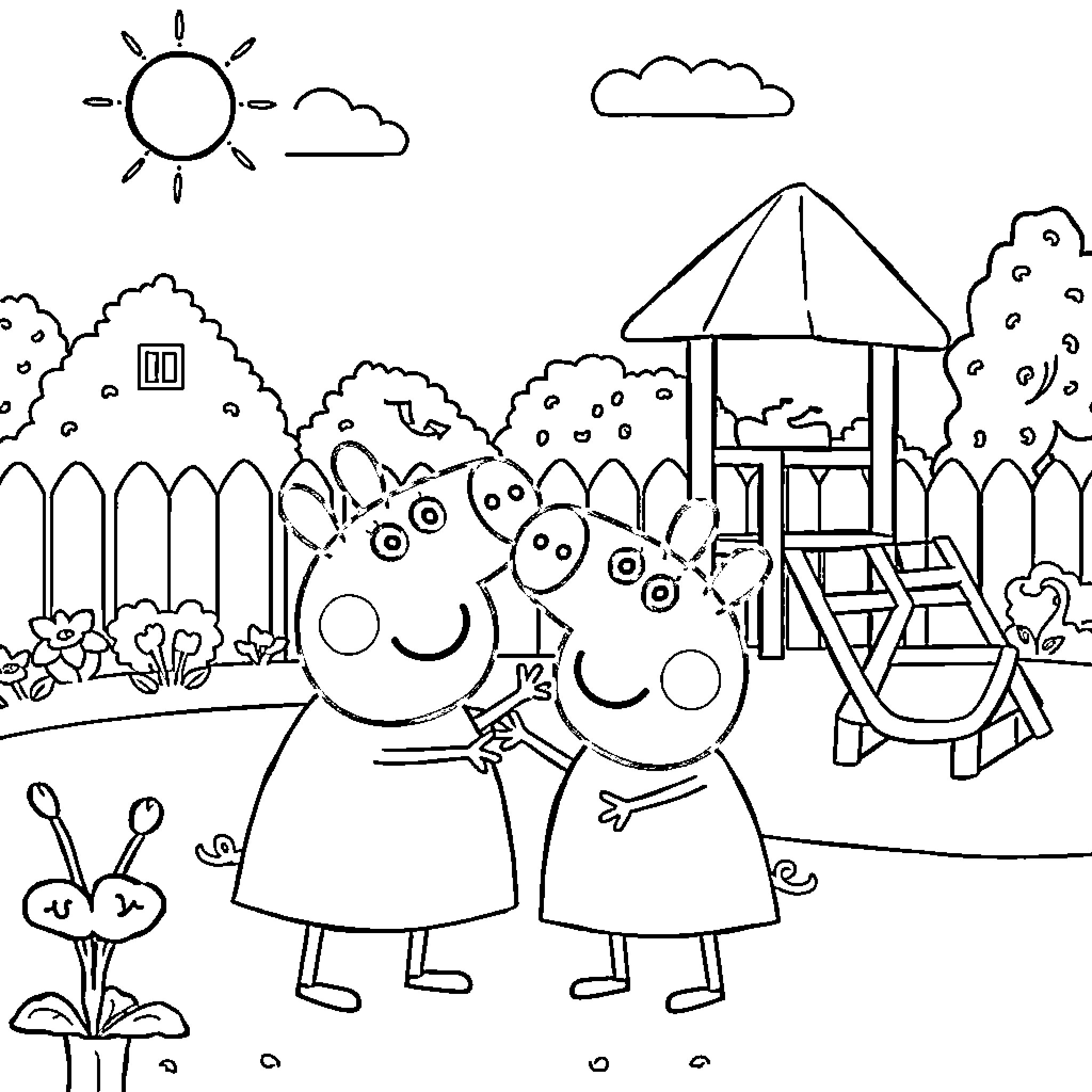 Peppa Pig and Friends Explore the Playground Coloring Page (free black-and-white line drawing printable PDF for all, from beginners to advanced learners, including children, teens, adults, and seniors)
