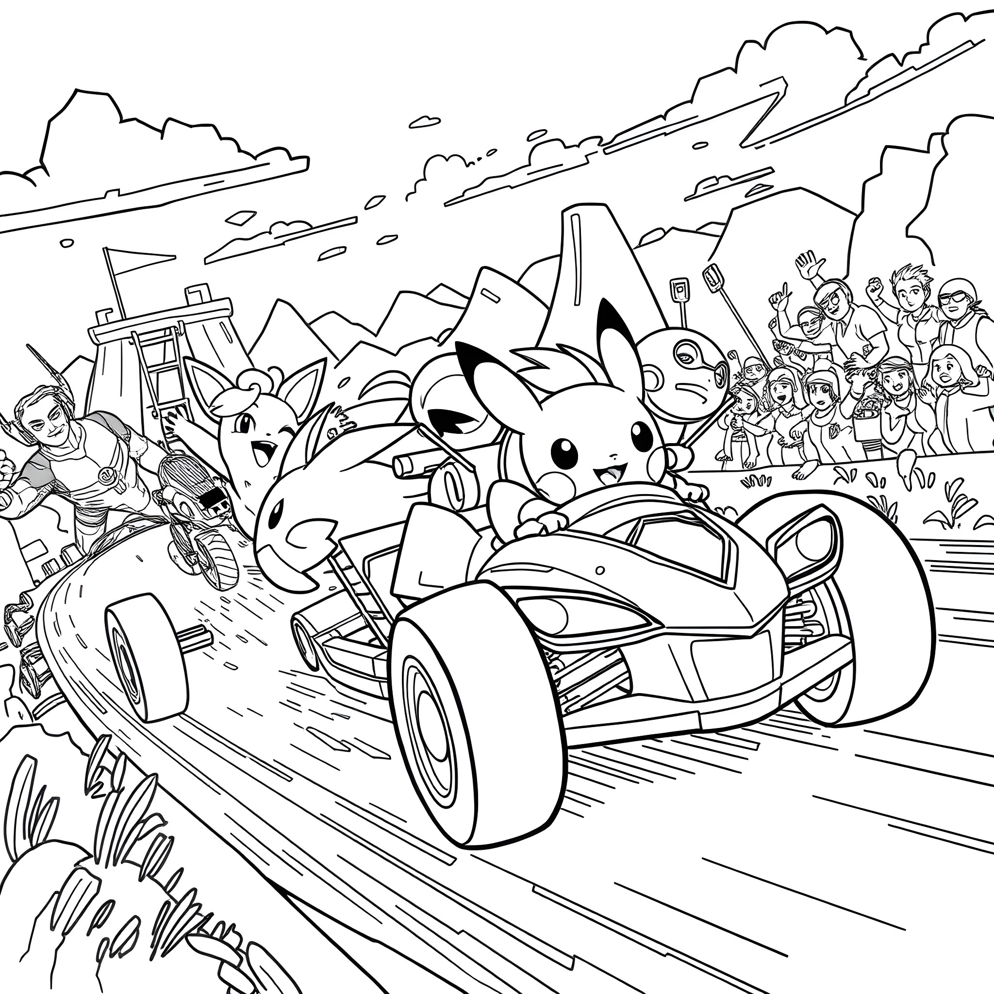 Pokémon racing characters in an energetic scene Coloring Page (free black-and-white line drawing printable PDF for all, from beginners to advanced learners, including children, teens, adults, and seniors)