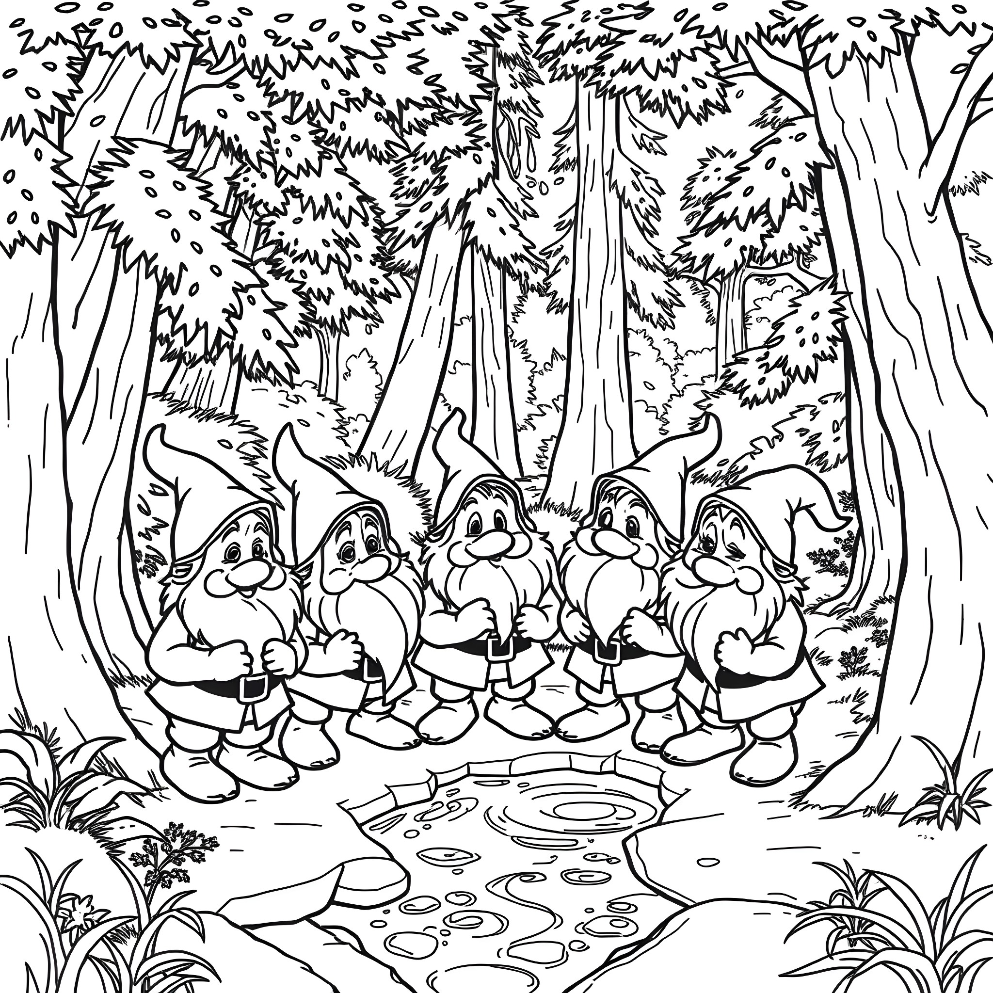 Dwarf figures gathered in the enchanted forest Coloring Page (free black-and-white line drawing printable PDF for all, from beginners to advanced learners, including children, teens, adults, and seniors)