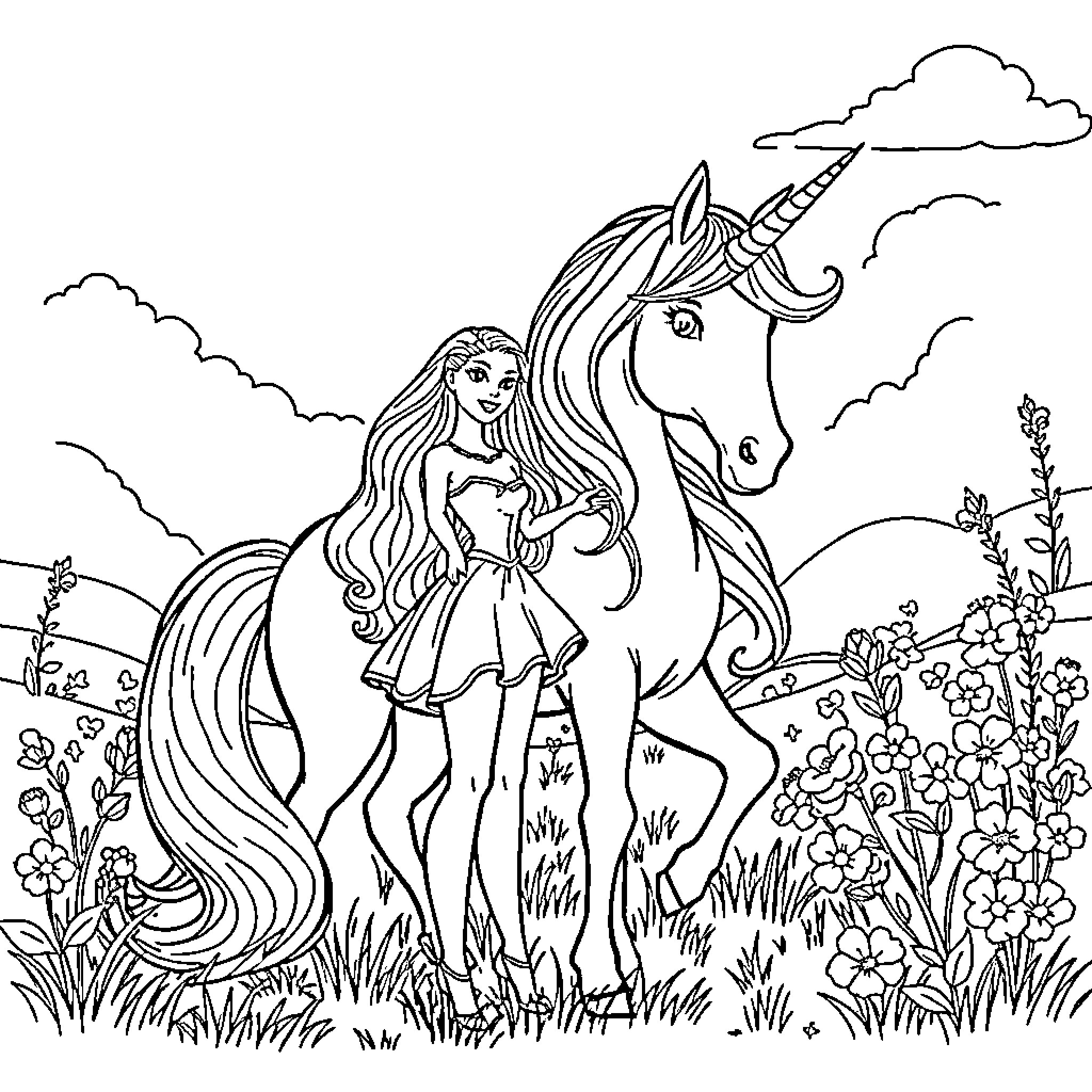 Barbie Posing with a Magical Unicorn in a Flower-Filled Meadow Coloring Page (free black-and-white line drawing printable PDF for all, from beginners to advanced learners, including children, teens, adults, and seniors)