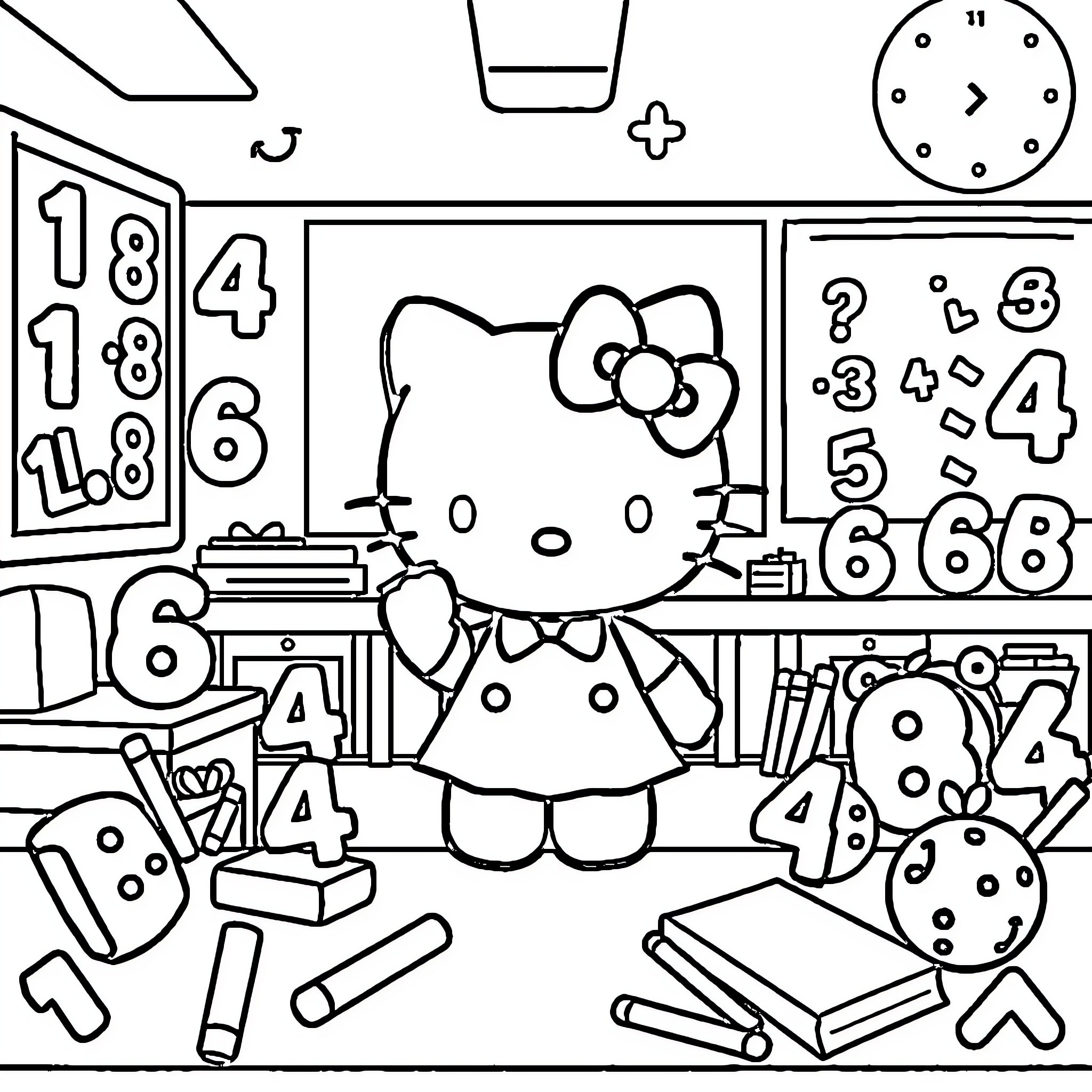 Hello Kitty Learning Math in Classroom Coloring Page (free black-and-white line drawing printable PDF for all, from beginners to advanced learners, including children, teens, adults, and seniors)