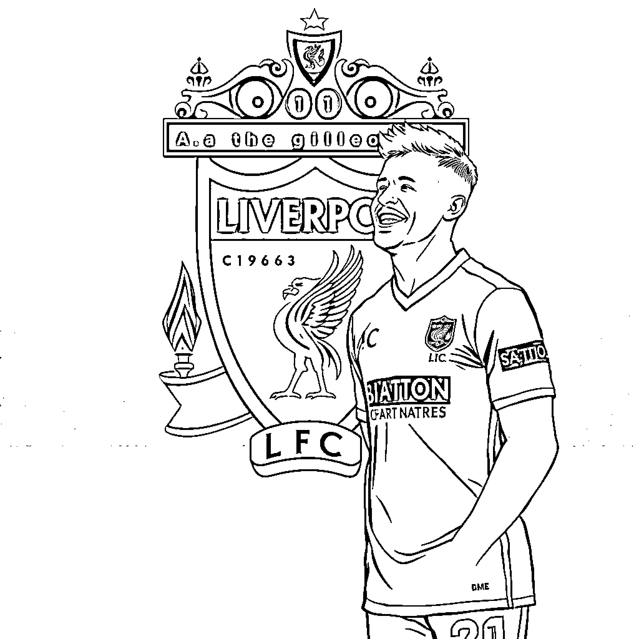 Footballer in Liverpool uniform celebrating victory Coloring Page (free black-and-white line drawing printable PDF for all, from beginners to advanced learners, including children, teens, adults, and seniors)