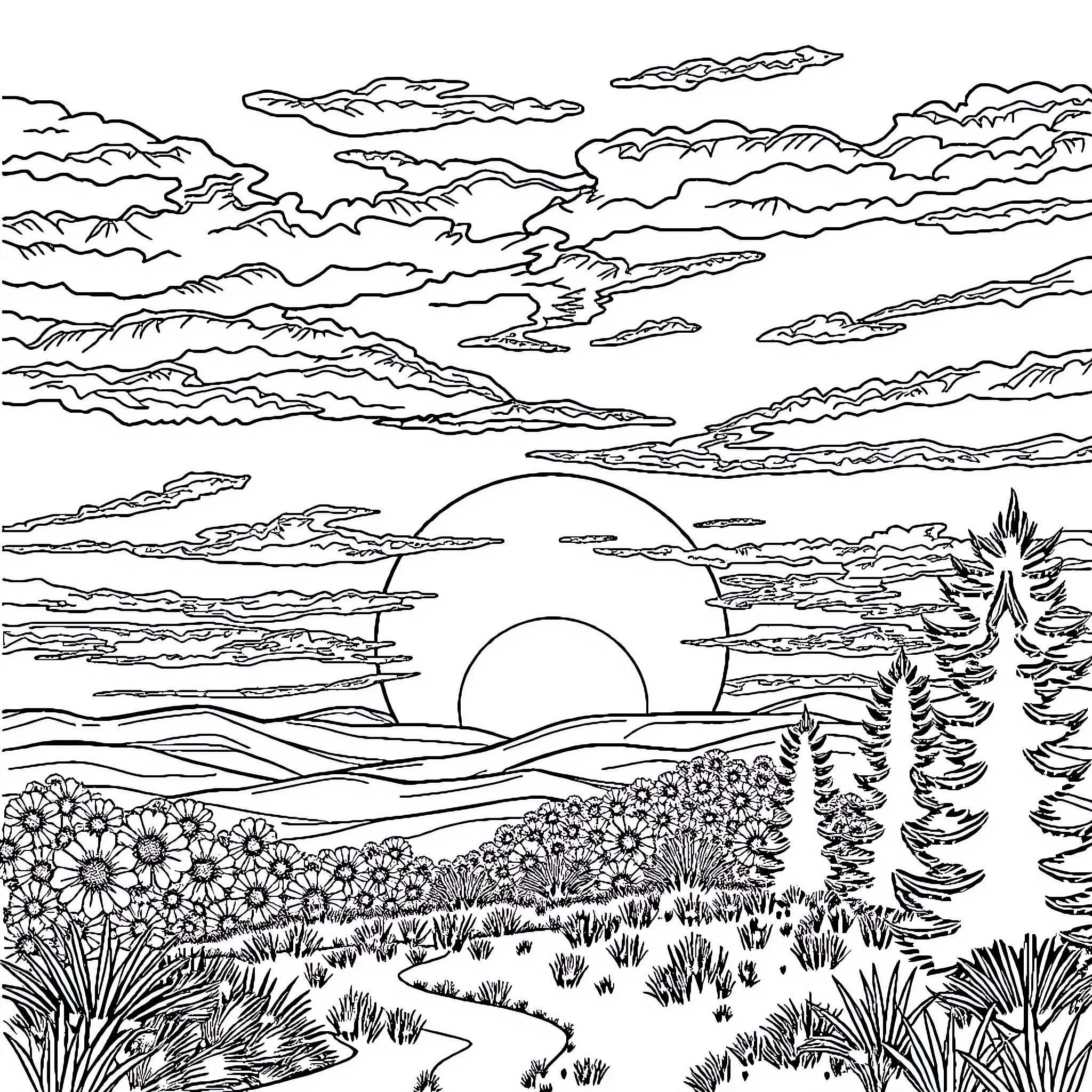 Sun setting over the vibrant landscape Coloring Page (free black-and-white line drawing printable PDF for all, from beginners to advanced learners, including children, teens, adults, and seniors)