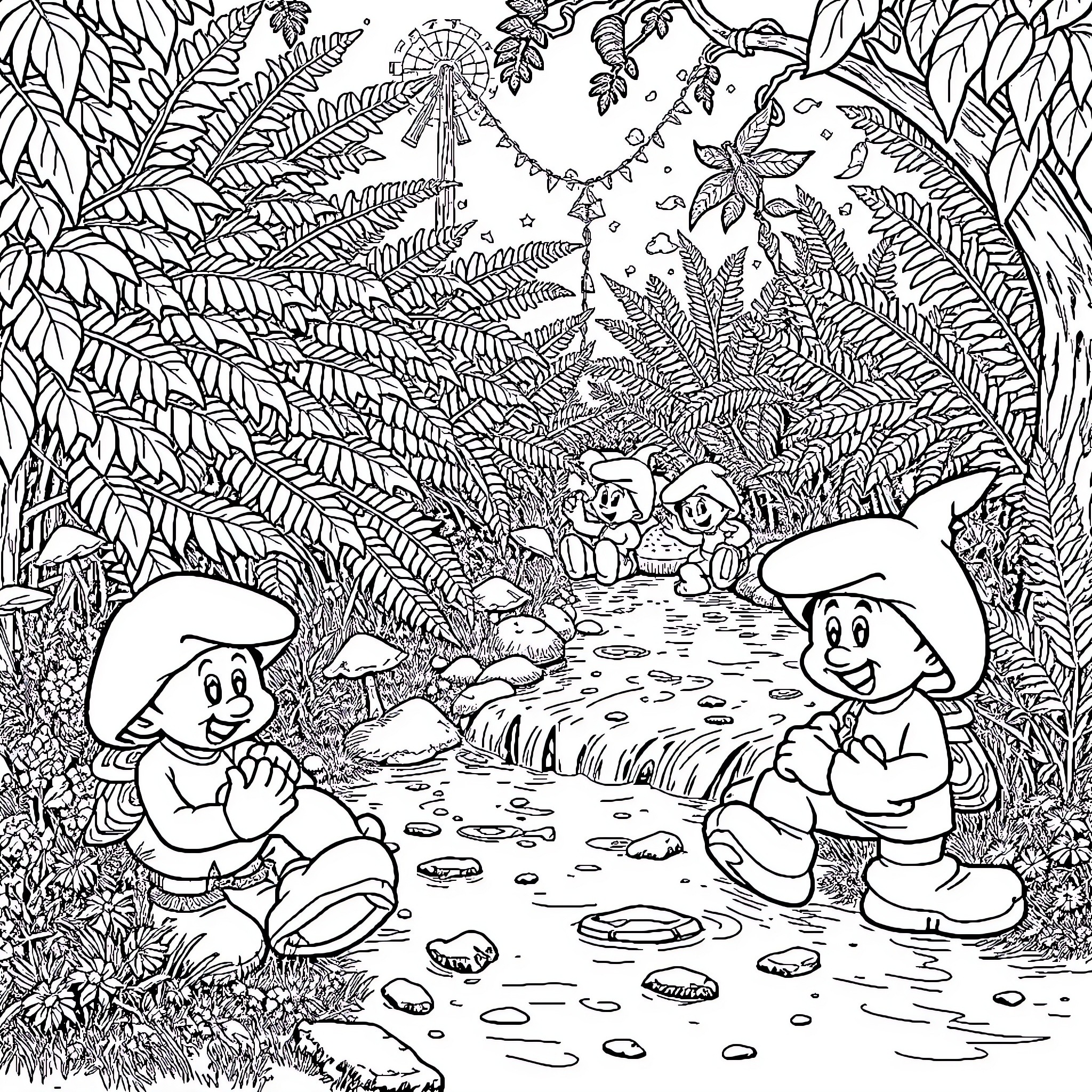 Mushroom Dwarf Characters in Lush Forest Landscape Coloring Page (free black-and-white line drawing printable PDF for all, from beginners to advanced learners, including children, teens, adults, and seniors)