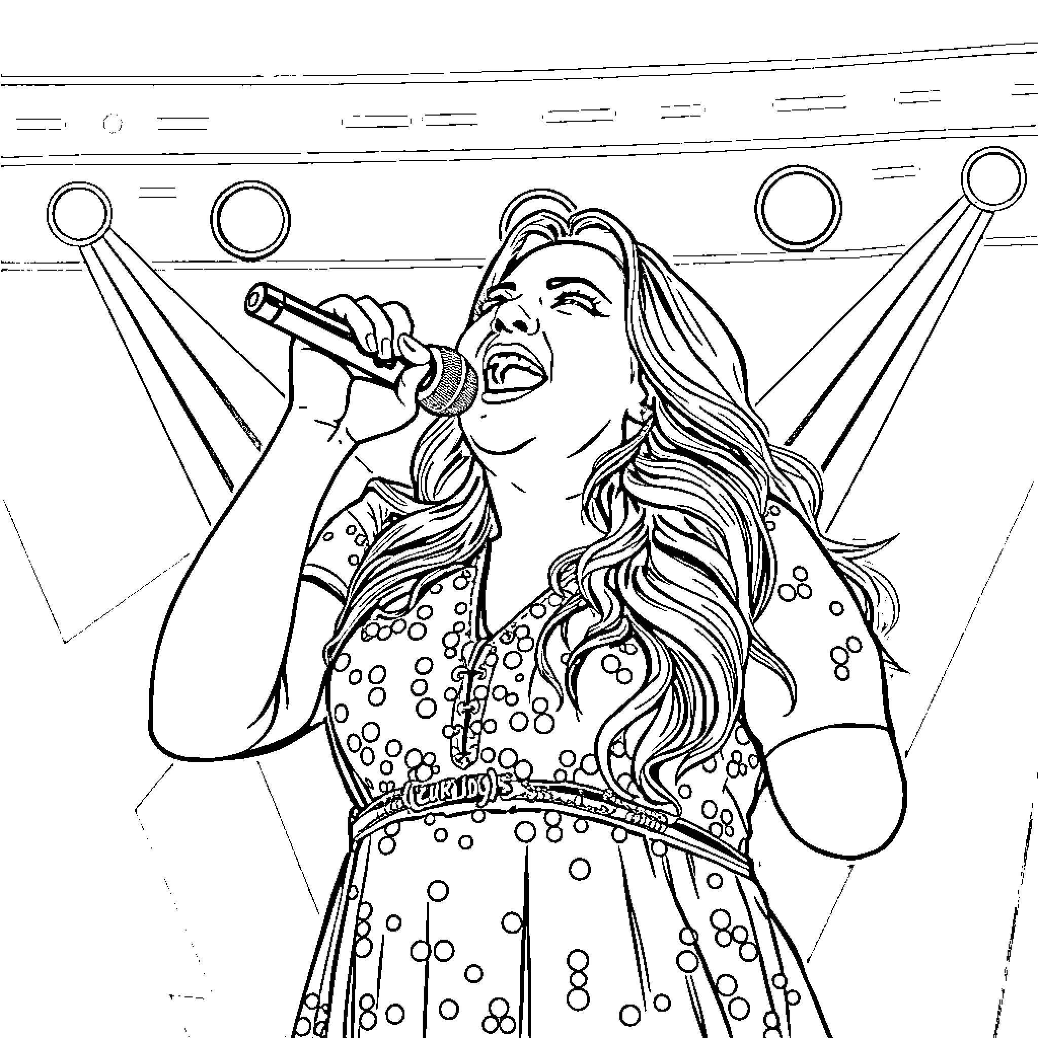 Kelly Clarkson Performing on Stage Coloring Page (free black-and-white line drawing printable PDF for all, from beginners to advanced learners, including children, teens, adults, and seniors)