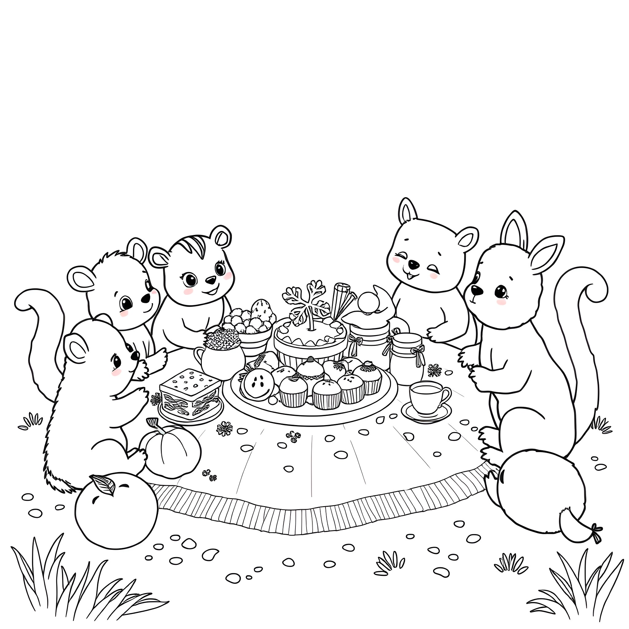 Animal friends enjoying a picnic in the park Coloring Page (free black-and-white line drawing printable PDF for all, from beginners to advanced learners, including children, teens, adults, and seniors)