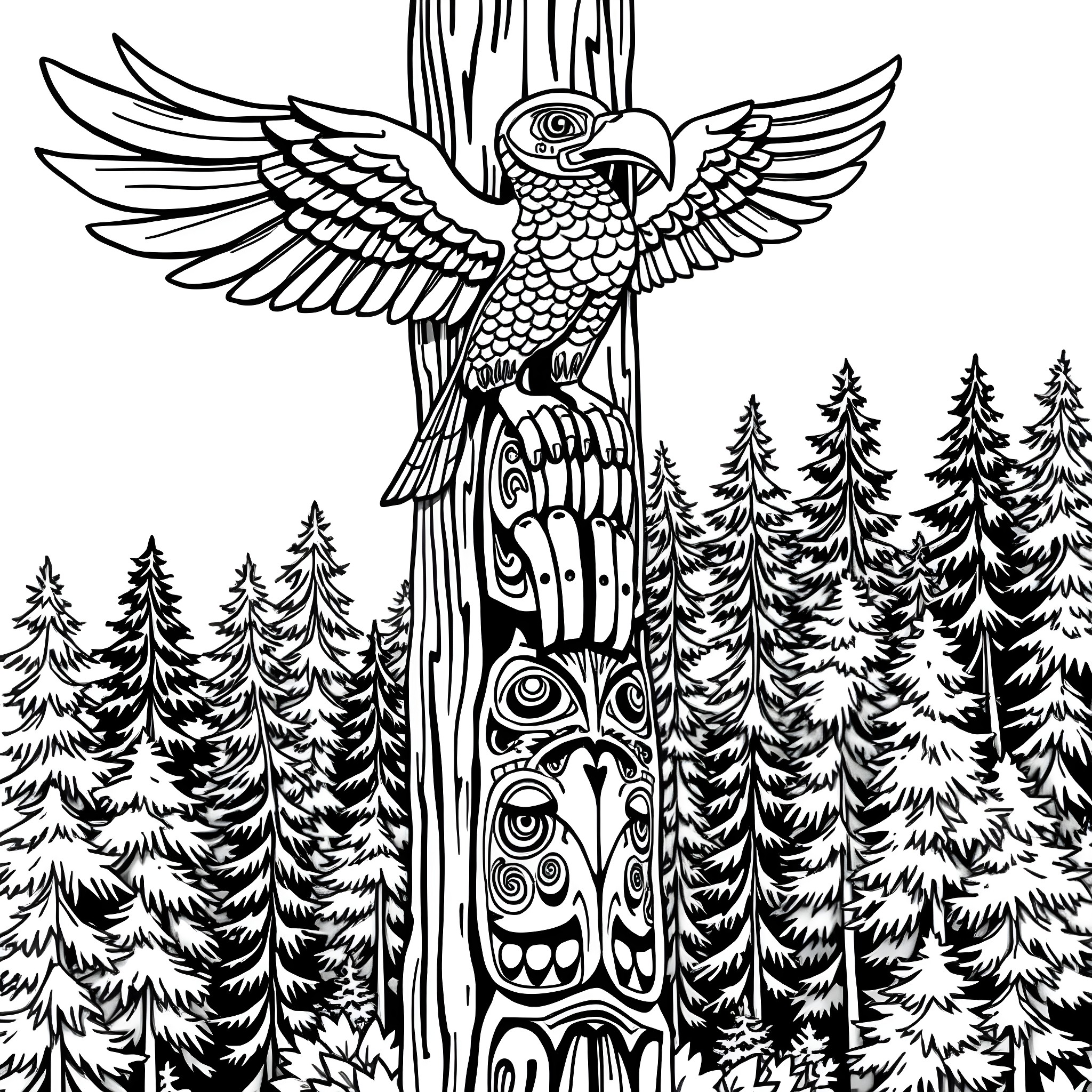 Thunderbird perched atop a totem pole in the forest Coloring Page (free black-and-white line drawing printable PDF for all, from beginners to advanced learners, including children, teens, adults, and seniors)