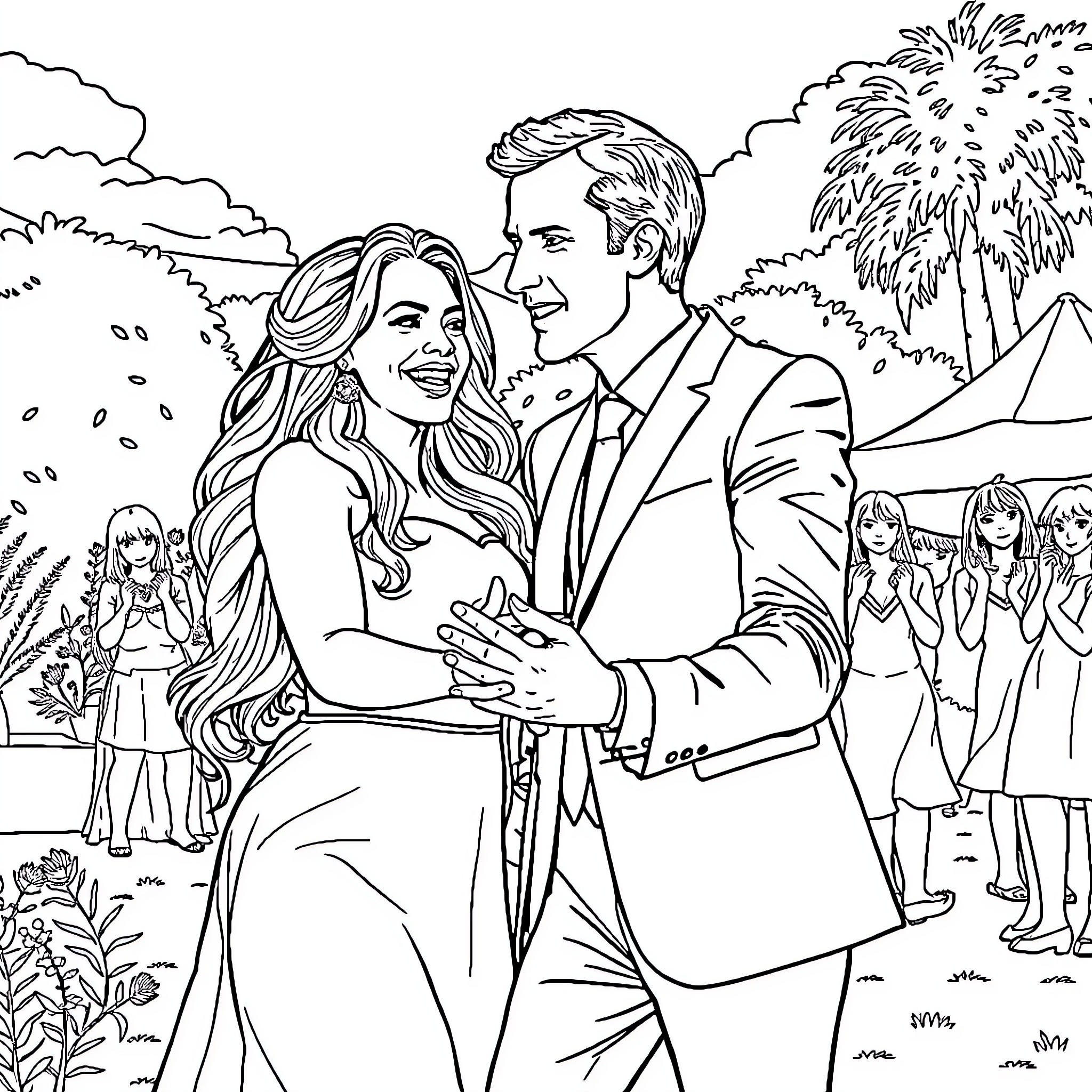 Shakira and partner celebrate joyful wedding ceremony Coloring Page (free black-and-white line drawing printable PDF for all, from beginners to advanced learners, including children, teens, adults, and seniors)