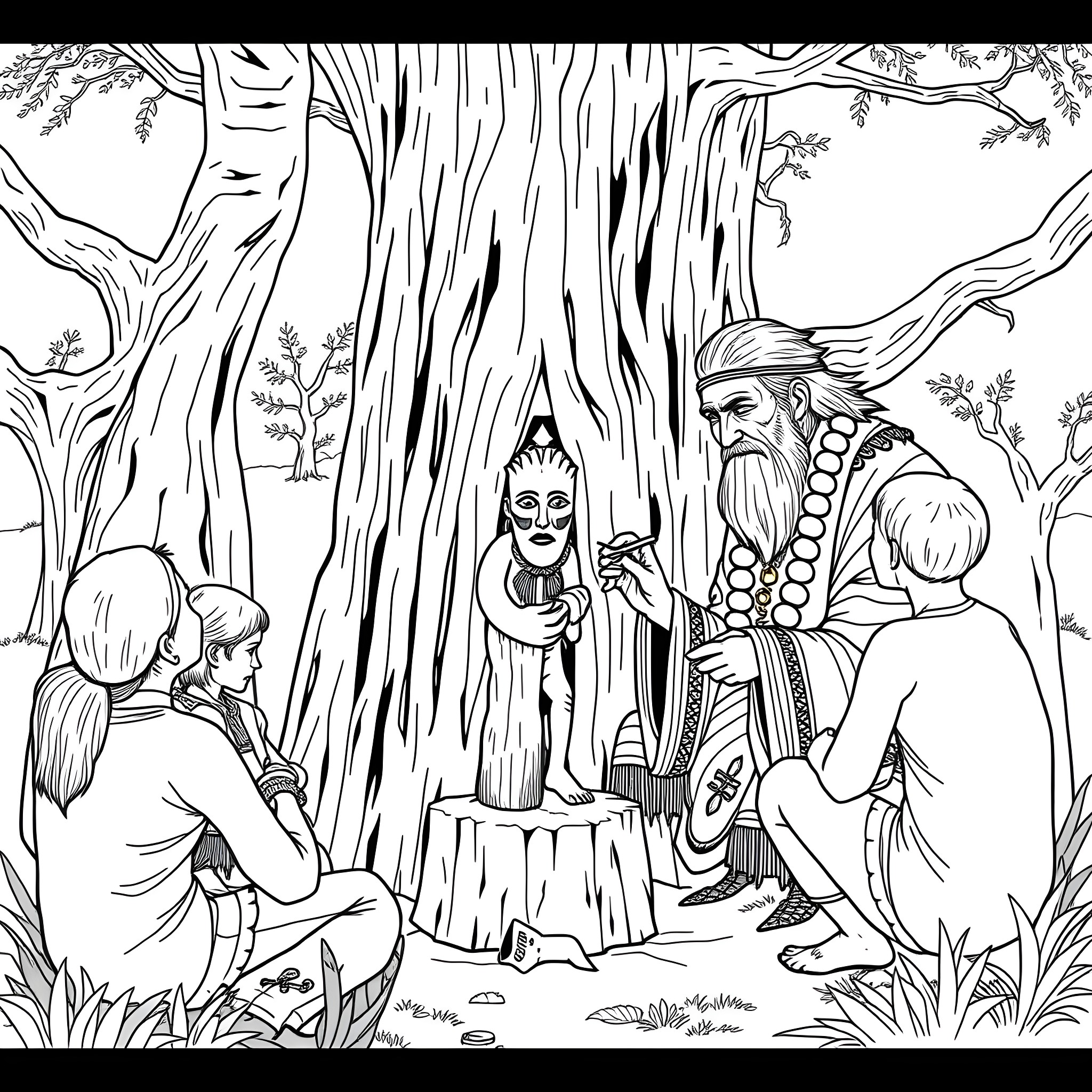 Uktena's Gathering in the Enchanted Forest Coloring Page (free black-and-white line drawing printable PDF for all, from beginners to advanced learners, including children, teens, adults, and seniors)
