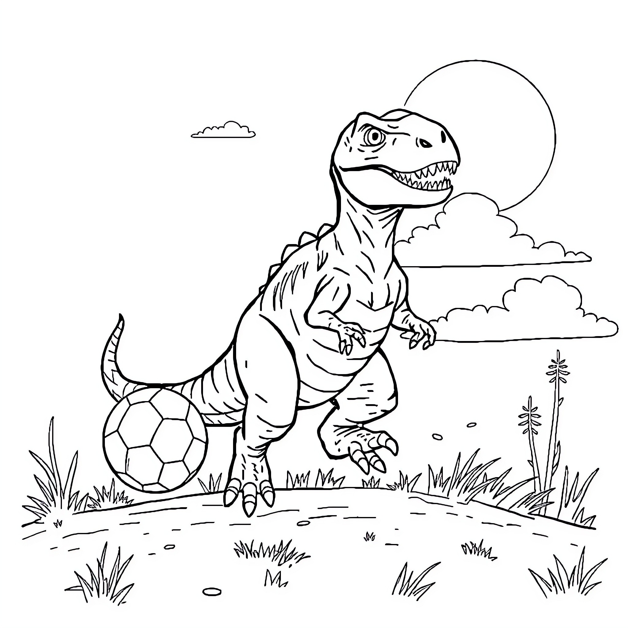 Dinosaur playing with soccer ball in grassy field Coloring Page (free black-and-white line drawing printable PDF for all, from beginners to advanced learners, including children, teens, adults, and seniors)