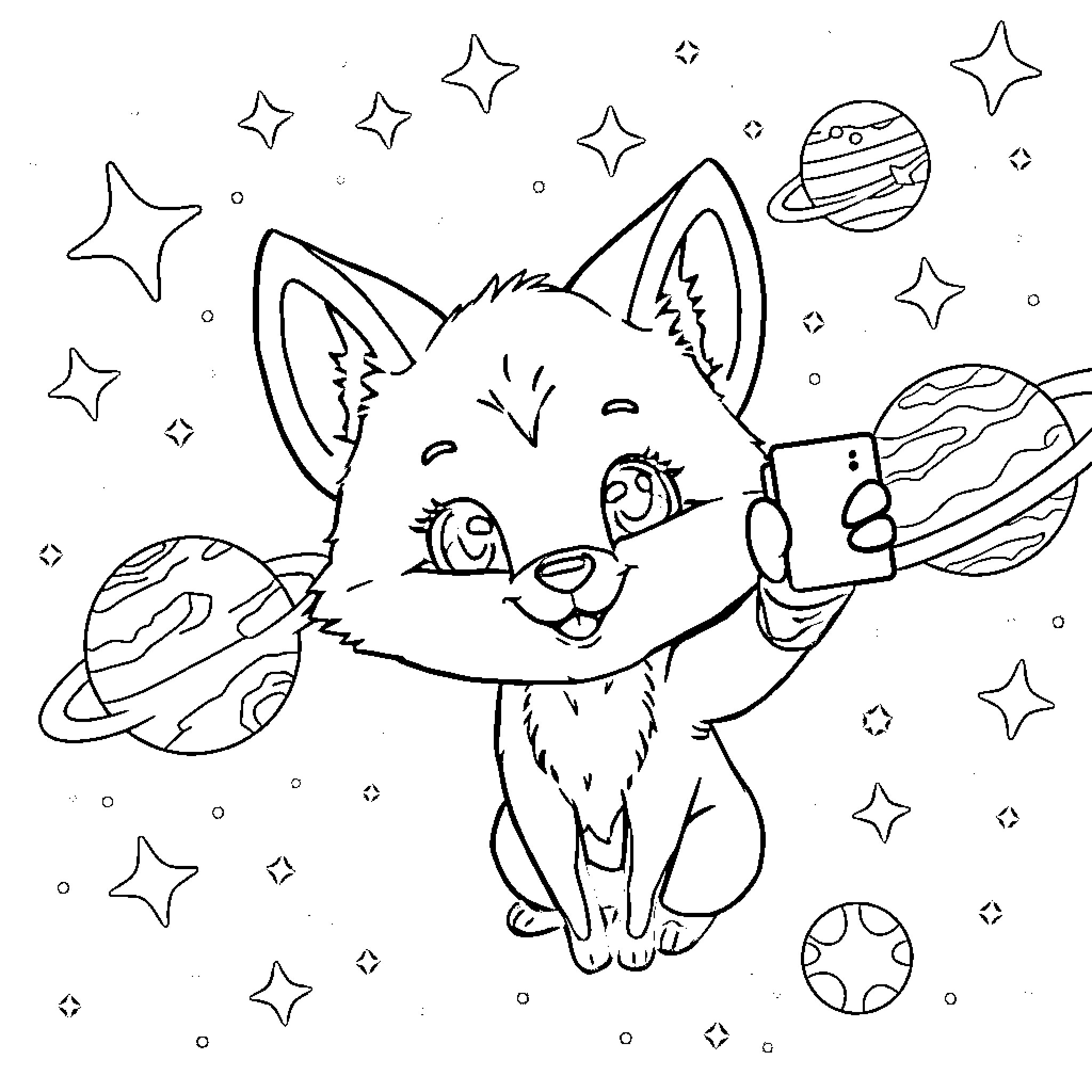 Fox exploring the cosmic galaxy with stars Coloring Page (free black-and-white line drawing printable PDF for all, from beginners to advanced learners, including children, teens, adults, and seniors)