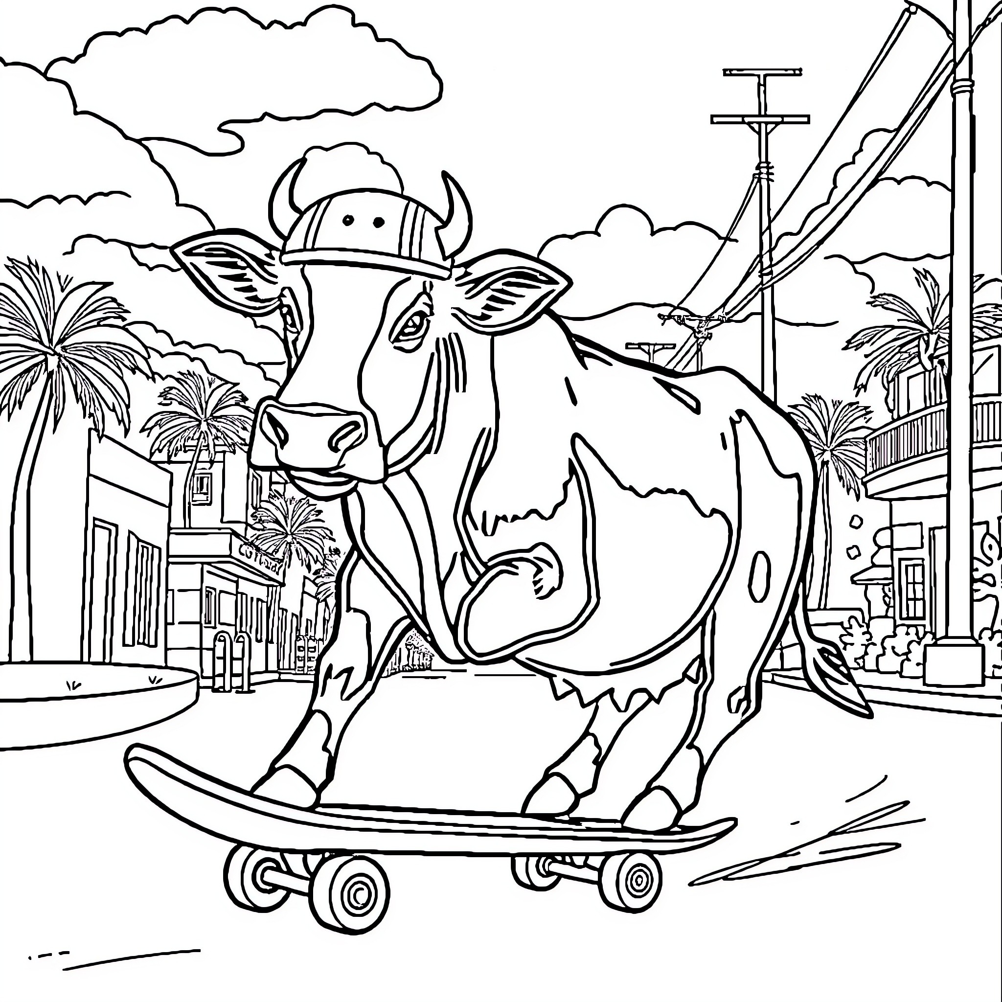 Cow riding skateboard through tropical town Coloring Page (free black-and-white line drawing printable PDF for all, from beginners to advanced learners, including children, teens, adults, and seniors)