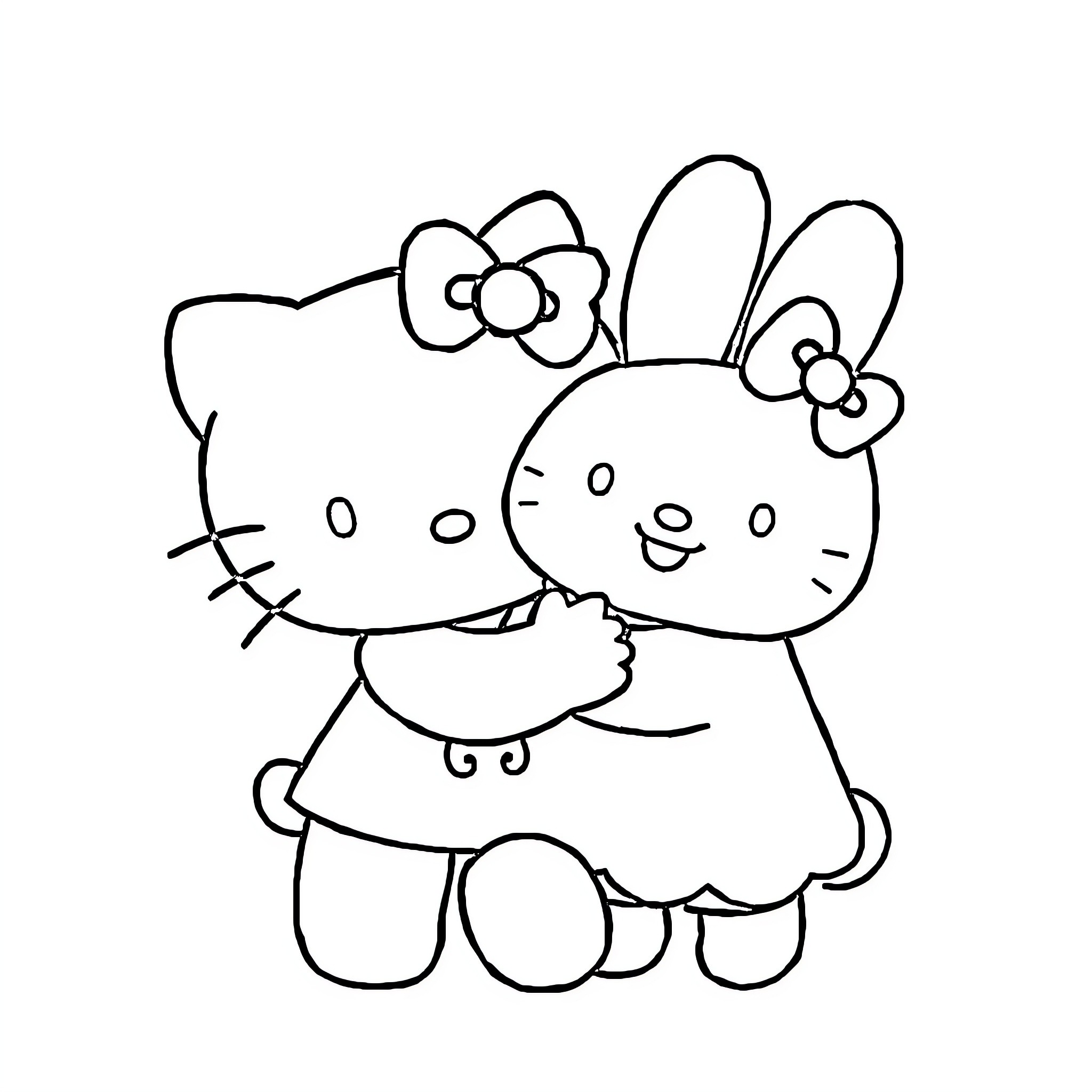 Hello Kitty and Bunny Friends Coloring Page (free black-and-white line drawing printable PDF for all, from beginners to advanced learners, including children, teens, adults, and seniors)