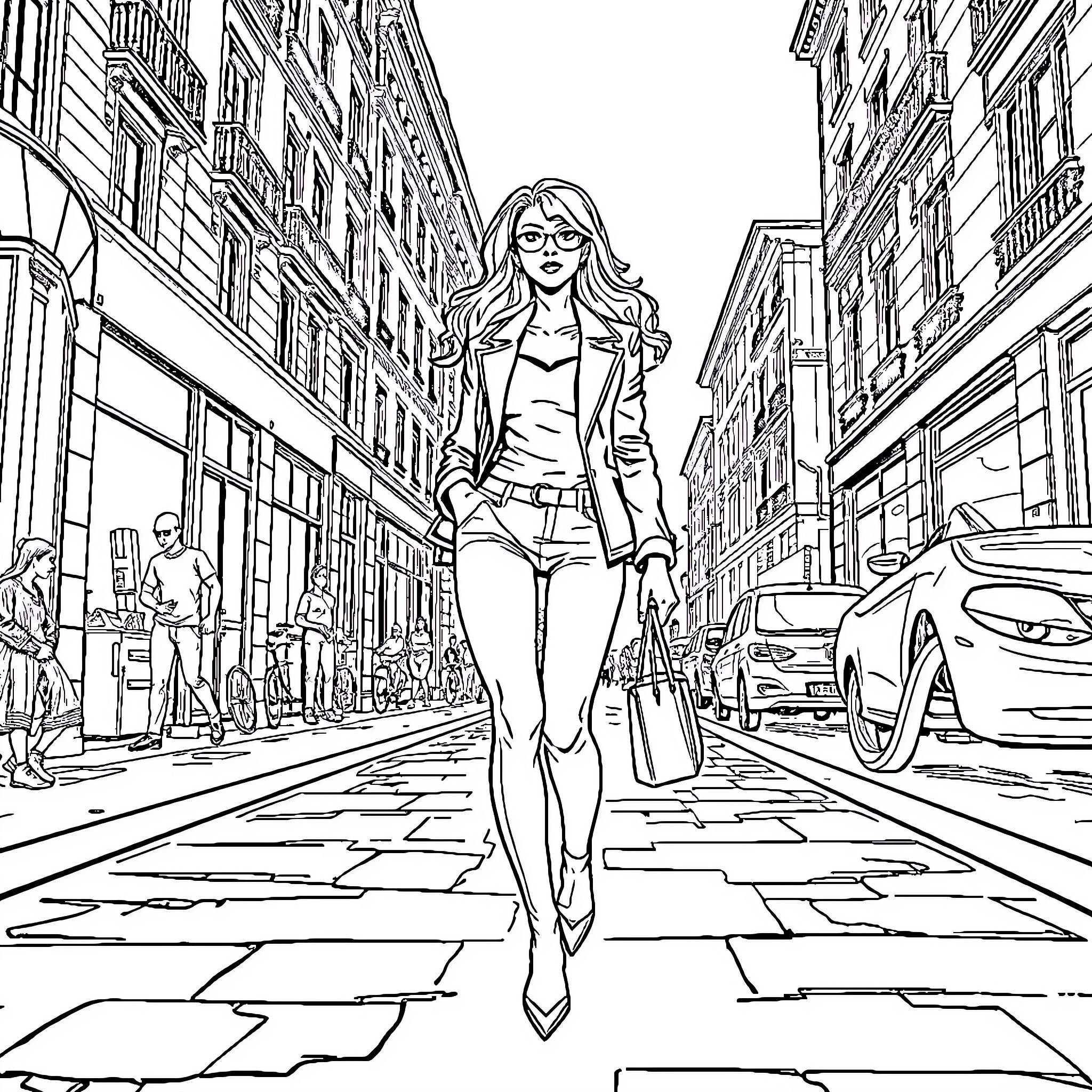 Baddie strolling confidently through the city streets Coloring Page (free black-and-white line drawing printable PDF for all, from beginners to advanced learners, including children, teens, adults, and seniors)