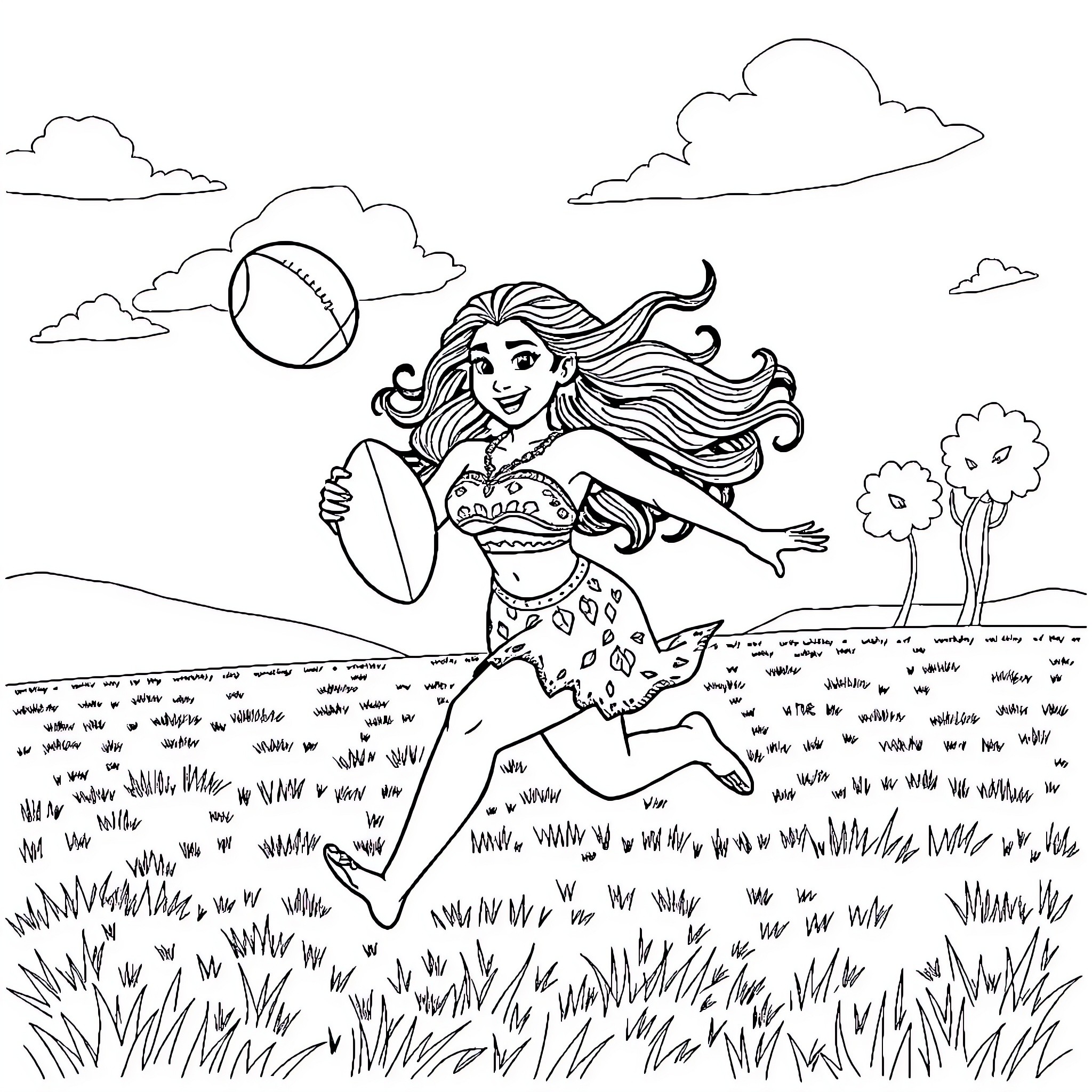 Moana playing with a ball in a lush, grassy field Coloring Page (free black-and-white line drawing printable PDF for all, from beginners to advanced learners, including children, teens, adults, and seniors)